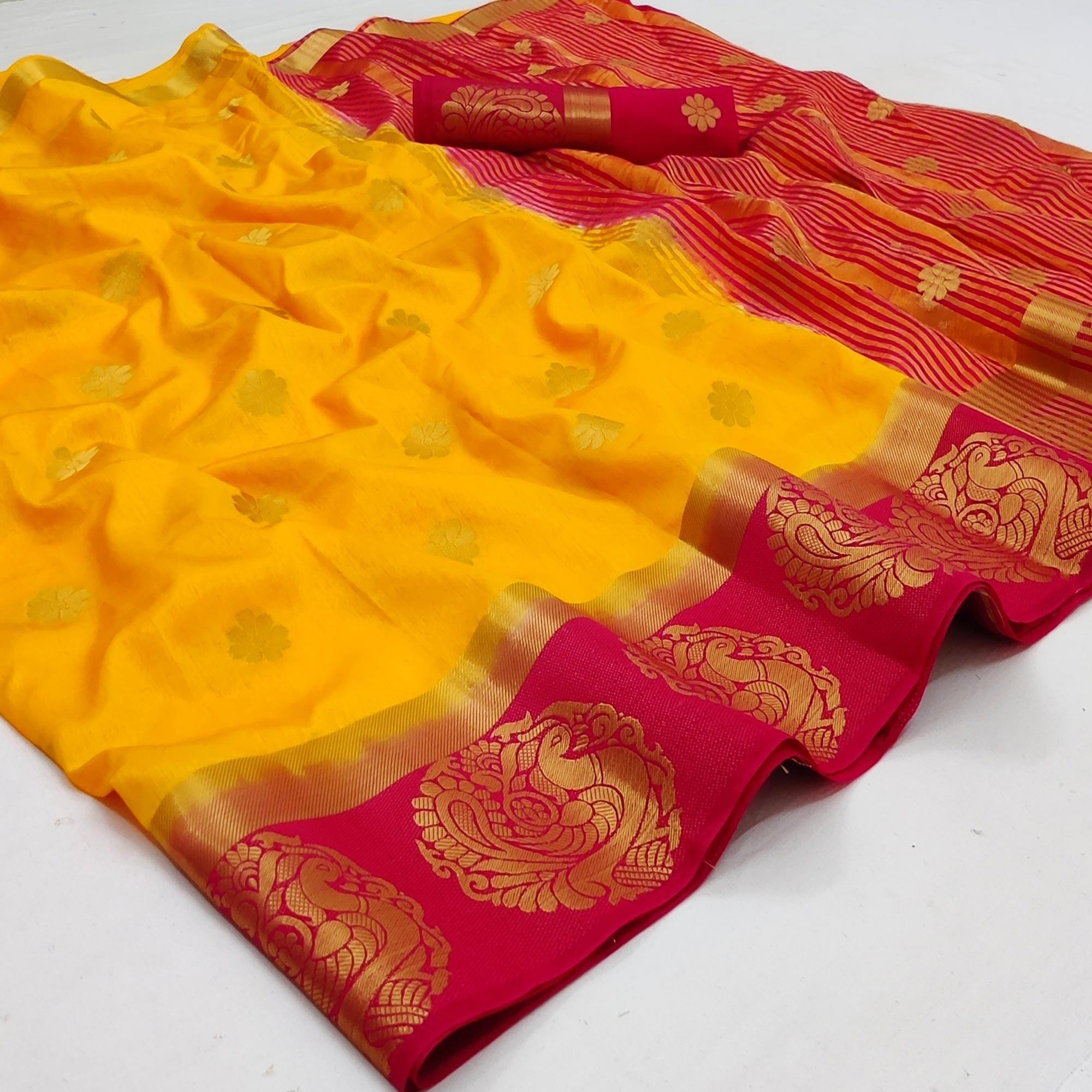 Yellow Festive Wear Jacquard Border Soft Silk Saree - Peachmode