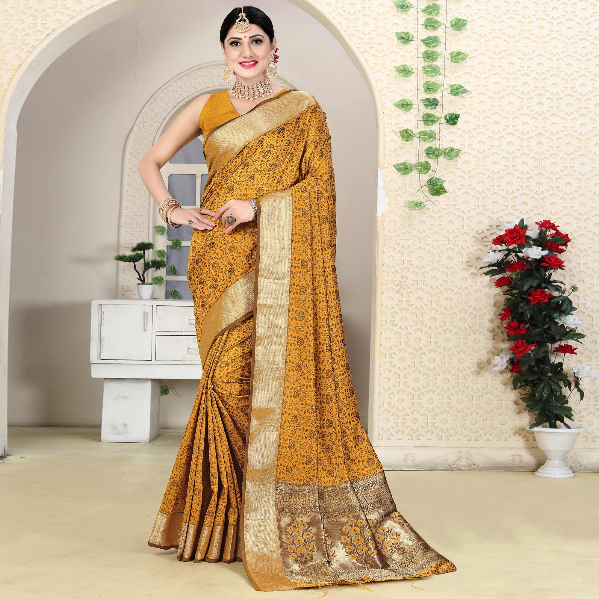 Yellow Festive Wear Jacquard Border Soft Silk Saree - Peachmode