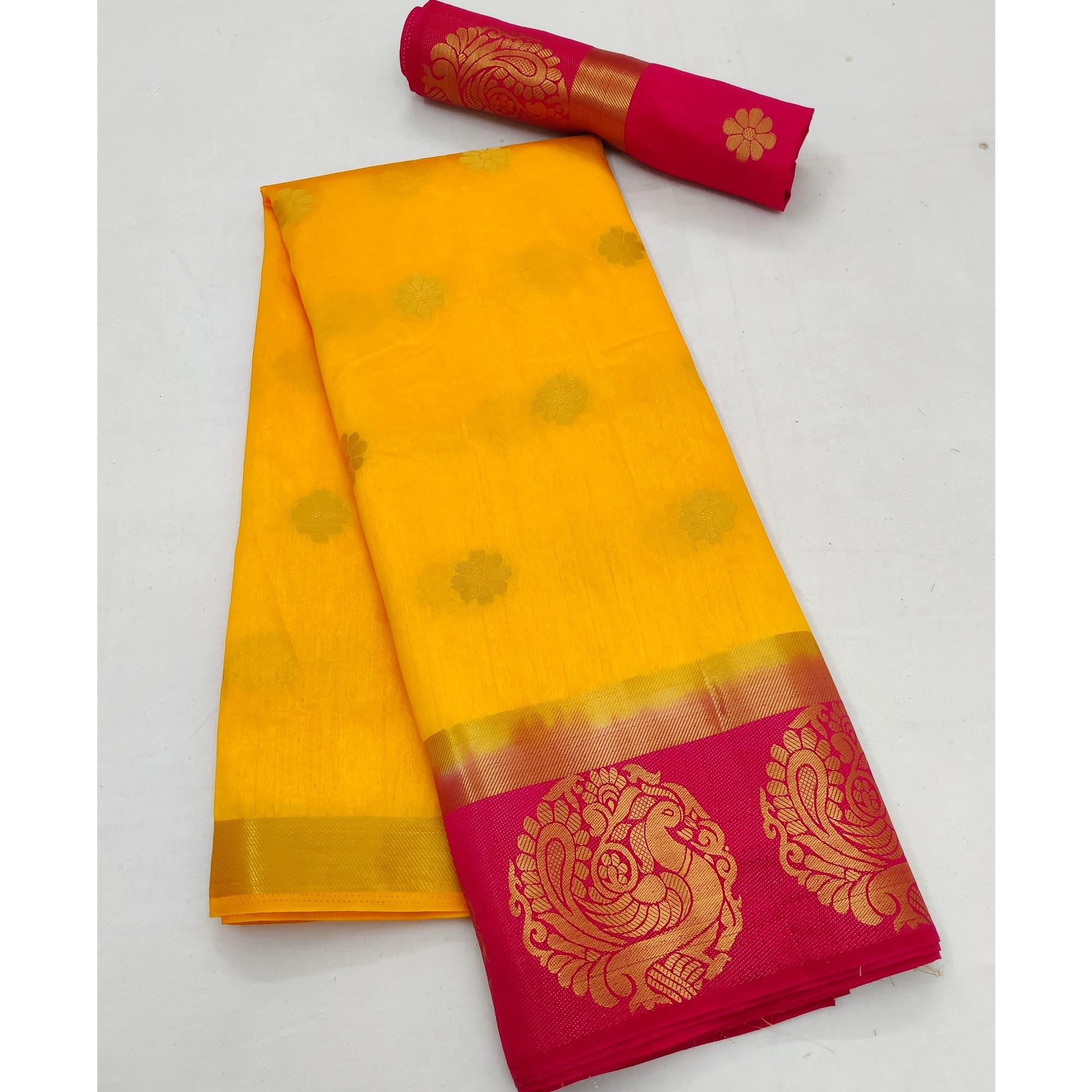 Yellow Festive Wear Jacquard Border Soft Silk Saree - Peachmode