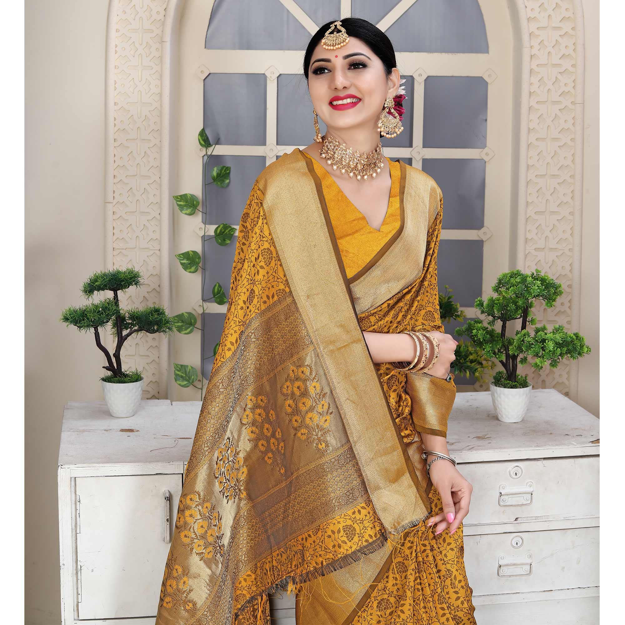 Yellow Festive Wear Jacquard Border Soft Silk Saree - Peachmode