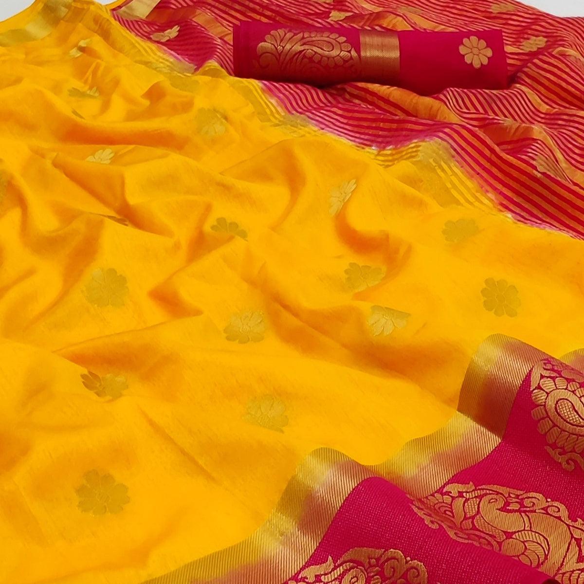 Yellow Festive Wear Jacquard Border Soft Silk Saree - Peachmode
