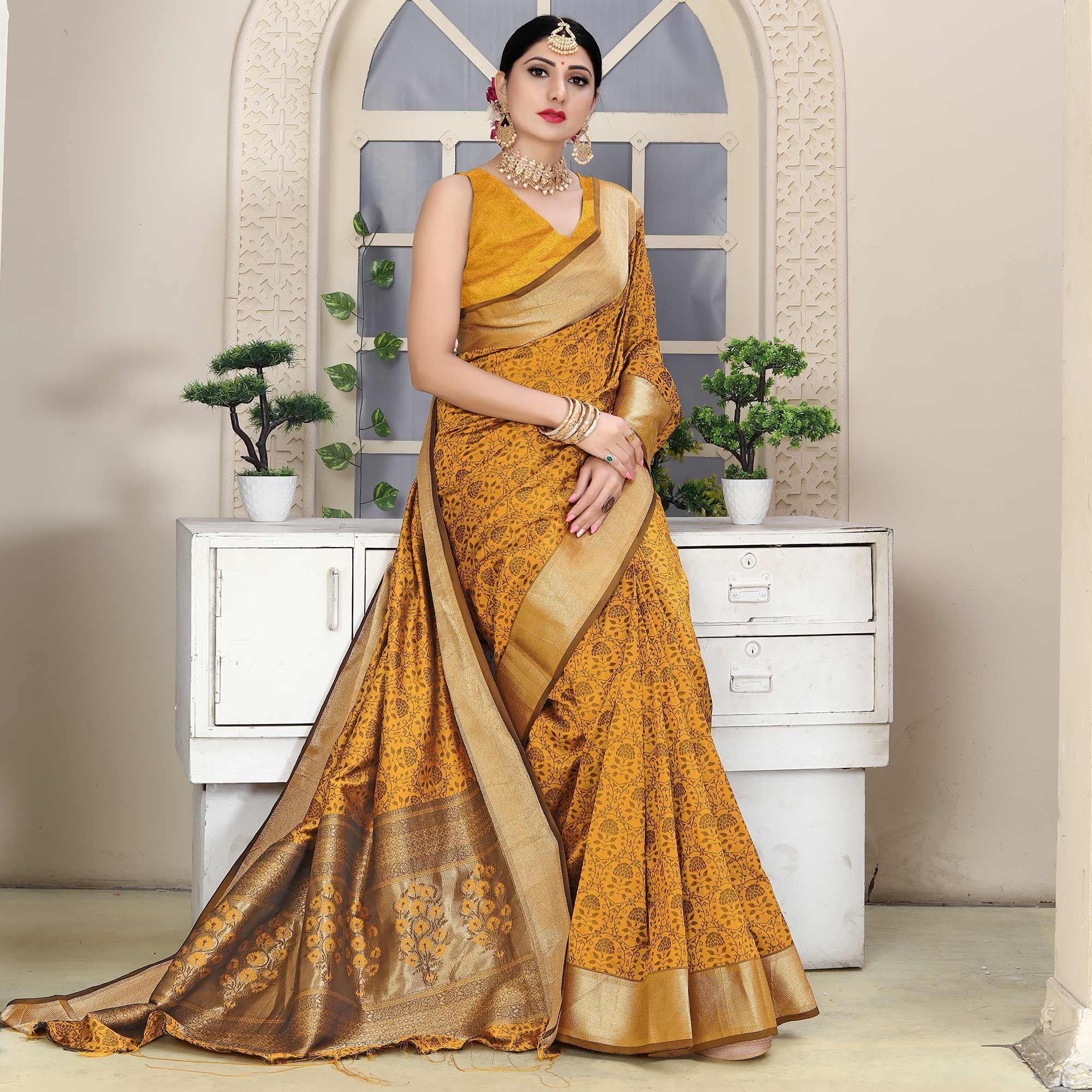 Yellow Festive Wear Jacquard Border Soft Silk Saree - Peachmode