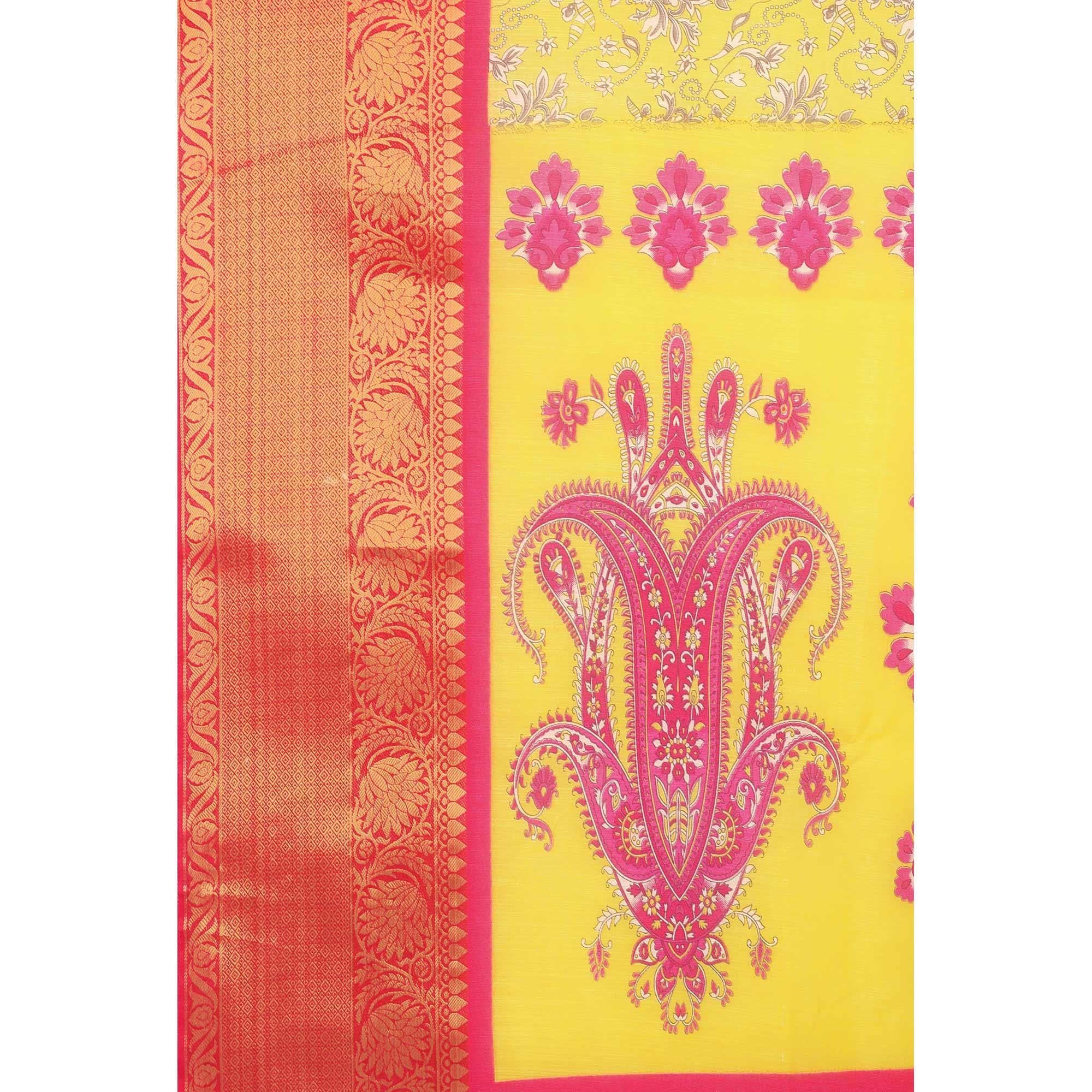 Yellow Festive Wear Kalamkari Printed Chanderi Silk Saree With Zari Weaving Border - Peachmode