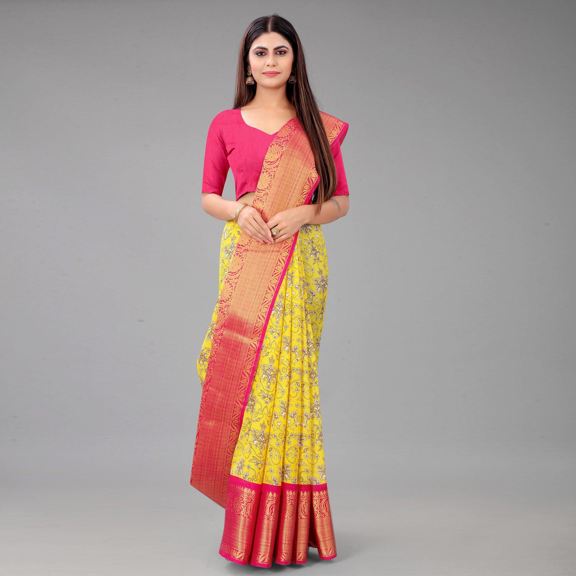 Yellow Festive Wear Kalamkari Printed Chanderi Silk Saree With Zari Weaving Border - Peachmode