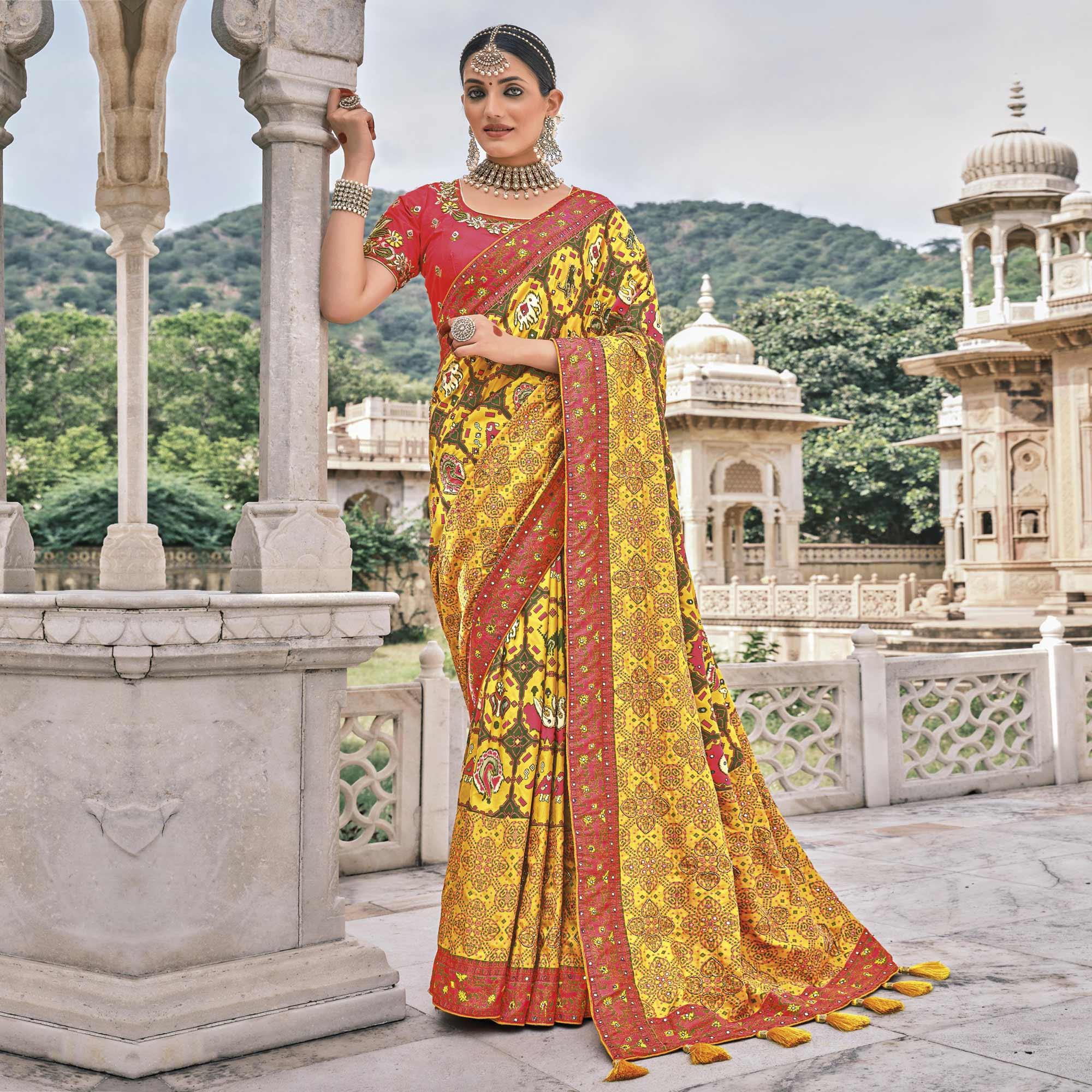 Yellow Festive Wear Plain & Hand Work Pure Silk Saree - Peachmode