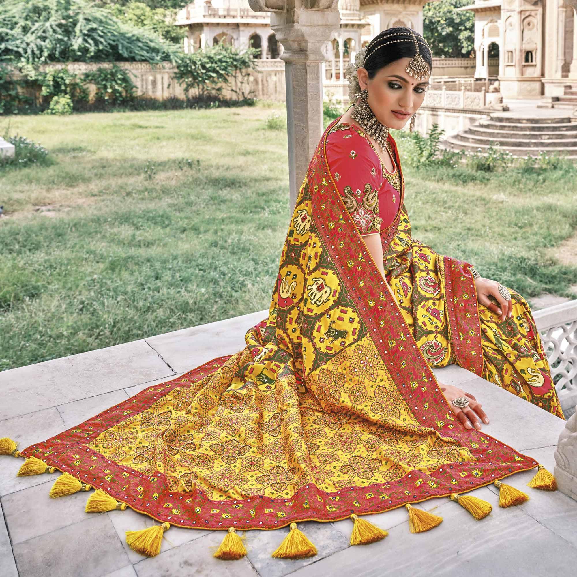 Yellow Festive Wear Plain & Hand Work Pure Silk Saree - Peachmode