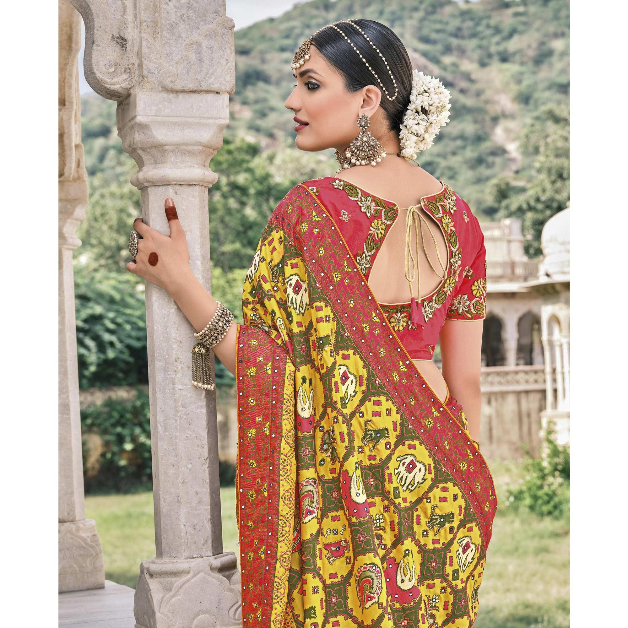 Yellow Festive Wear Plain & Hand Work Pure Silk Saree - Peachmode
