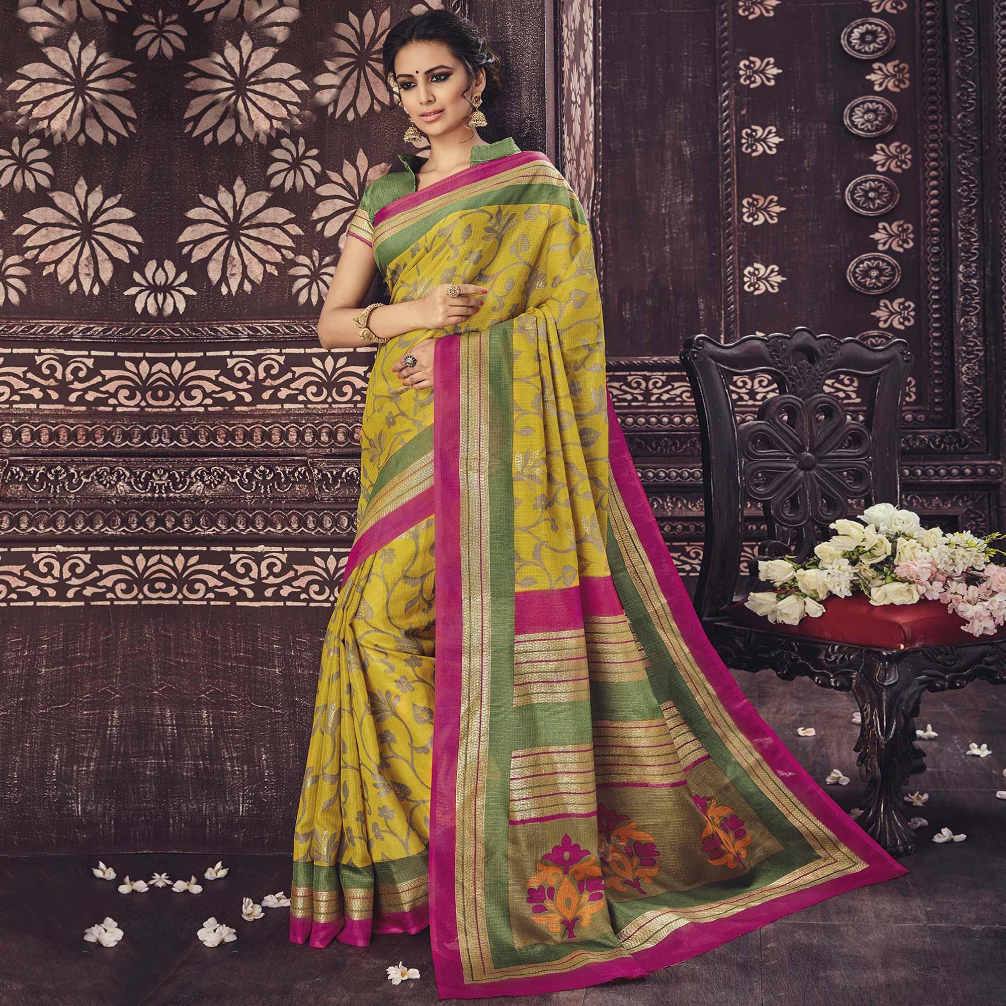 Yellow Festive Wear Printed Bhagalpuri Silk Saree - Peachmode