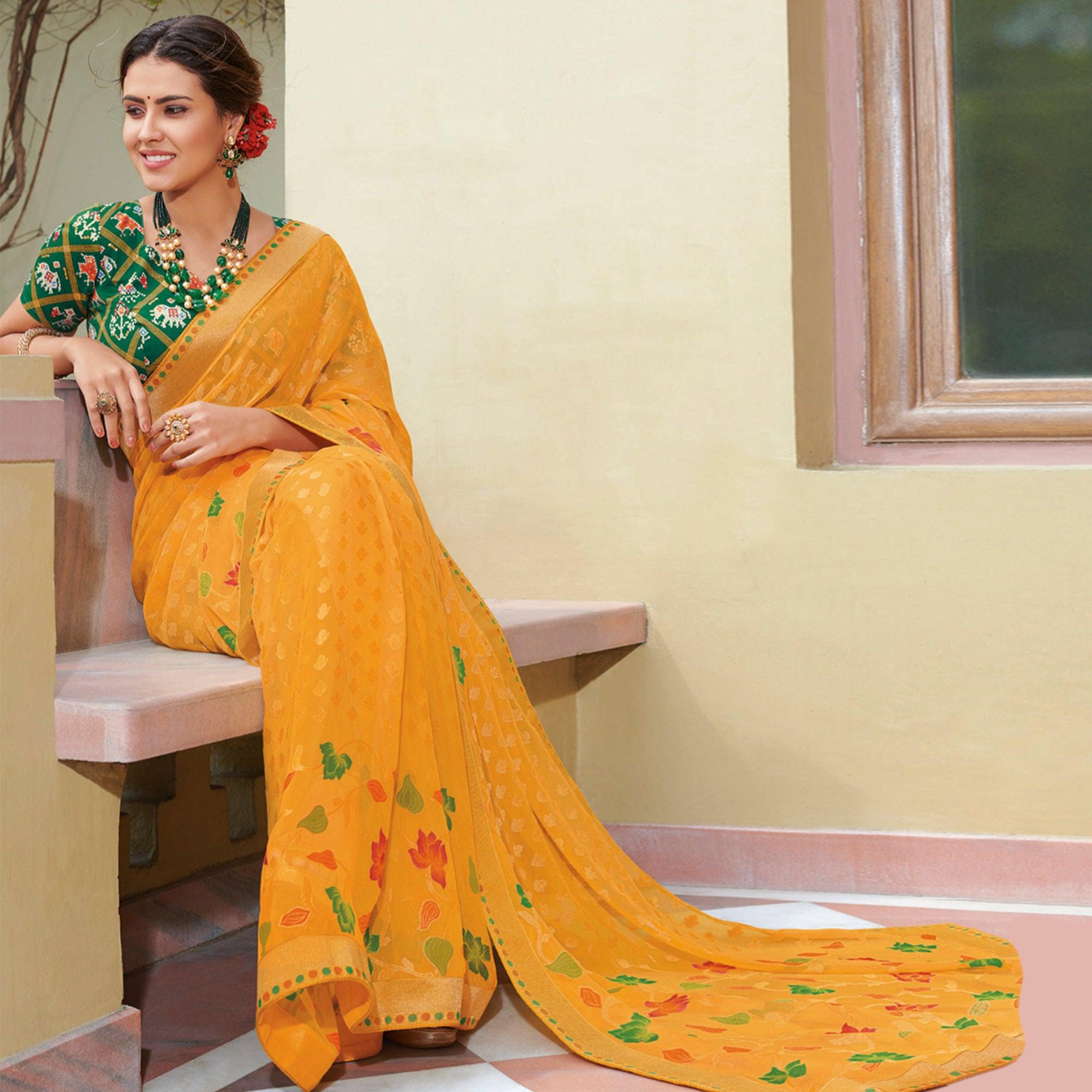 Yellow Festive Wear Printed Brasso Saree - Peachmode