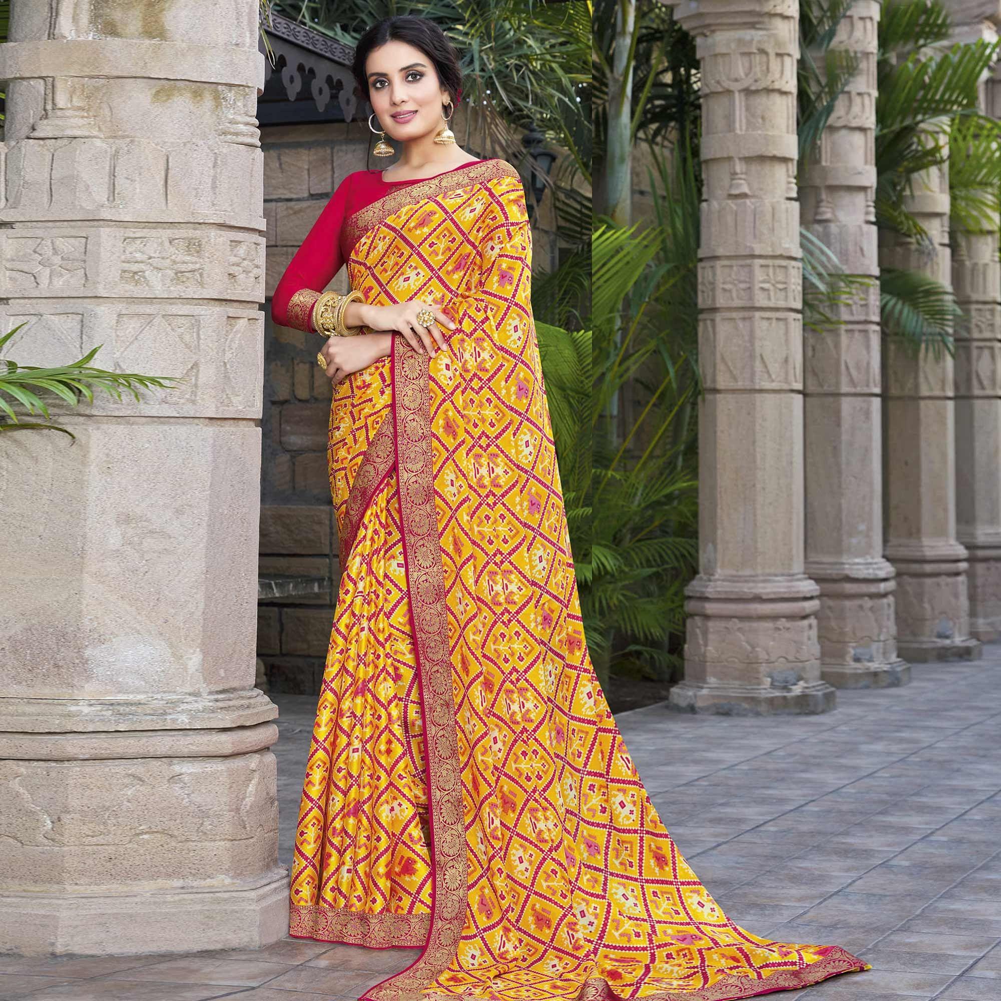 Yellow Festive Wear Printed Chiffon Saree - Peachmode