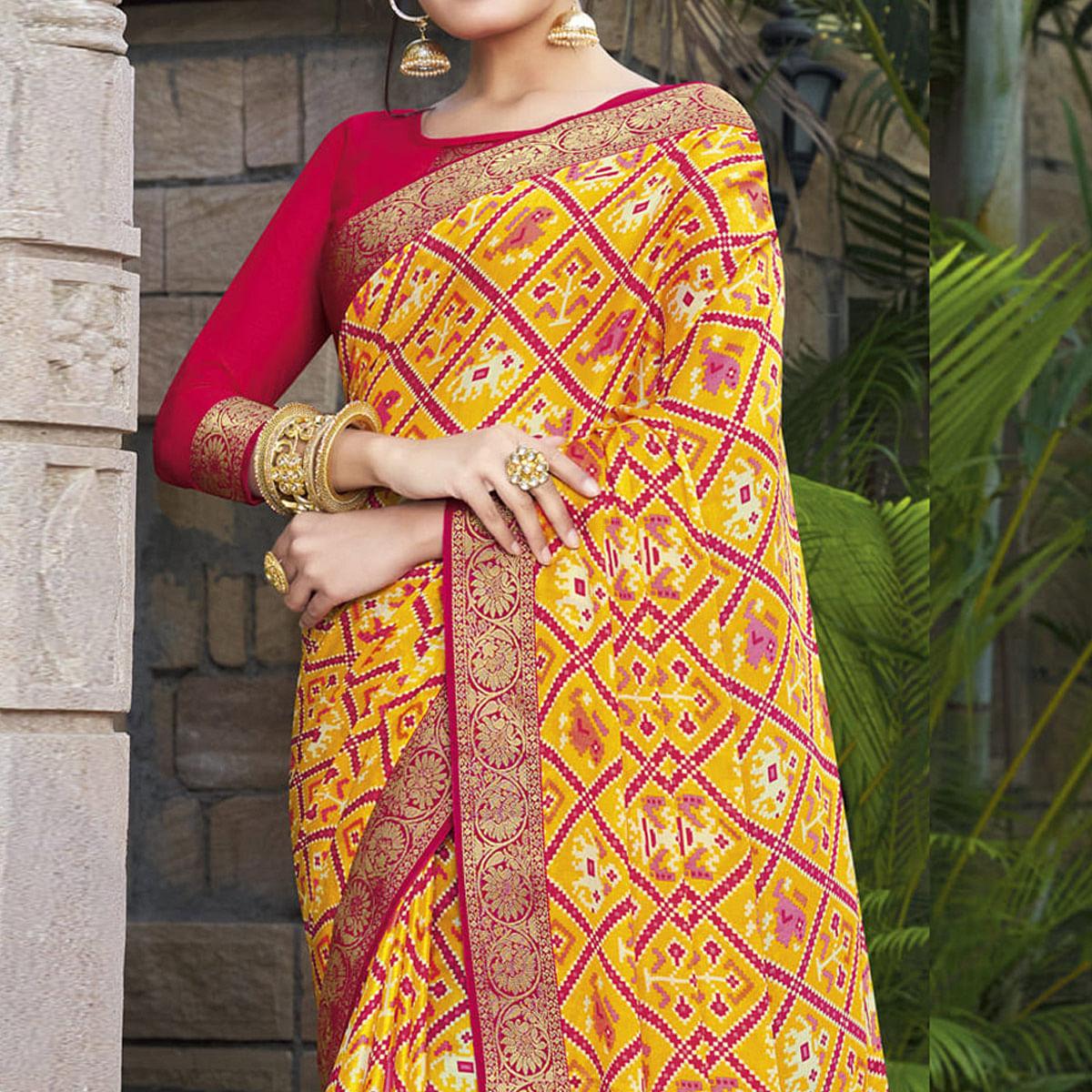 Yellow Festive Wear Printed Chiffon Saree - Peachmode