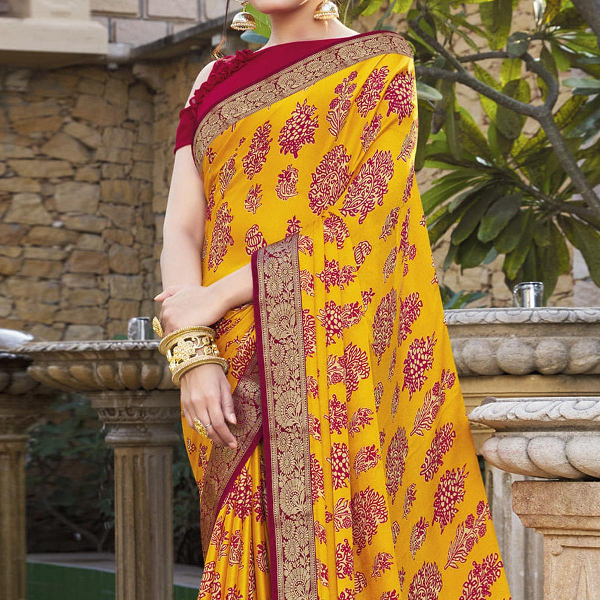 Yellow Festive Wear Printed Chiffon Saree - Peachmode