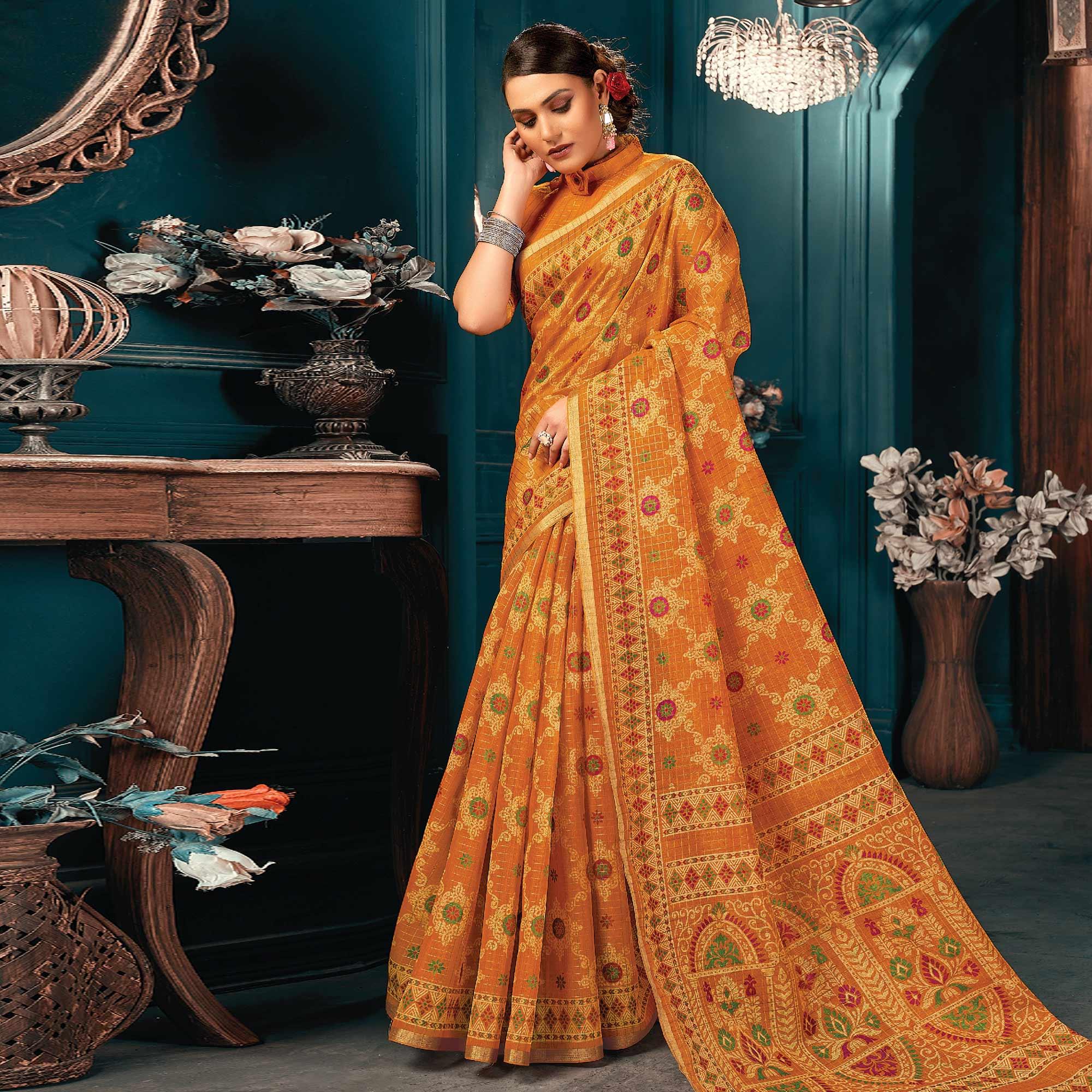 Yellow Festive Wear Printed Cotton Saree - Peachmode
