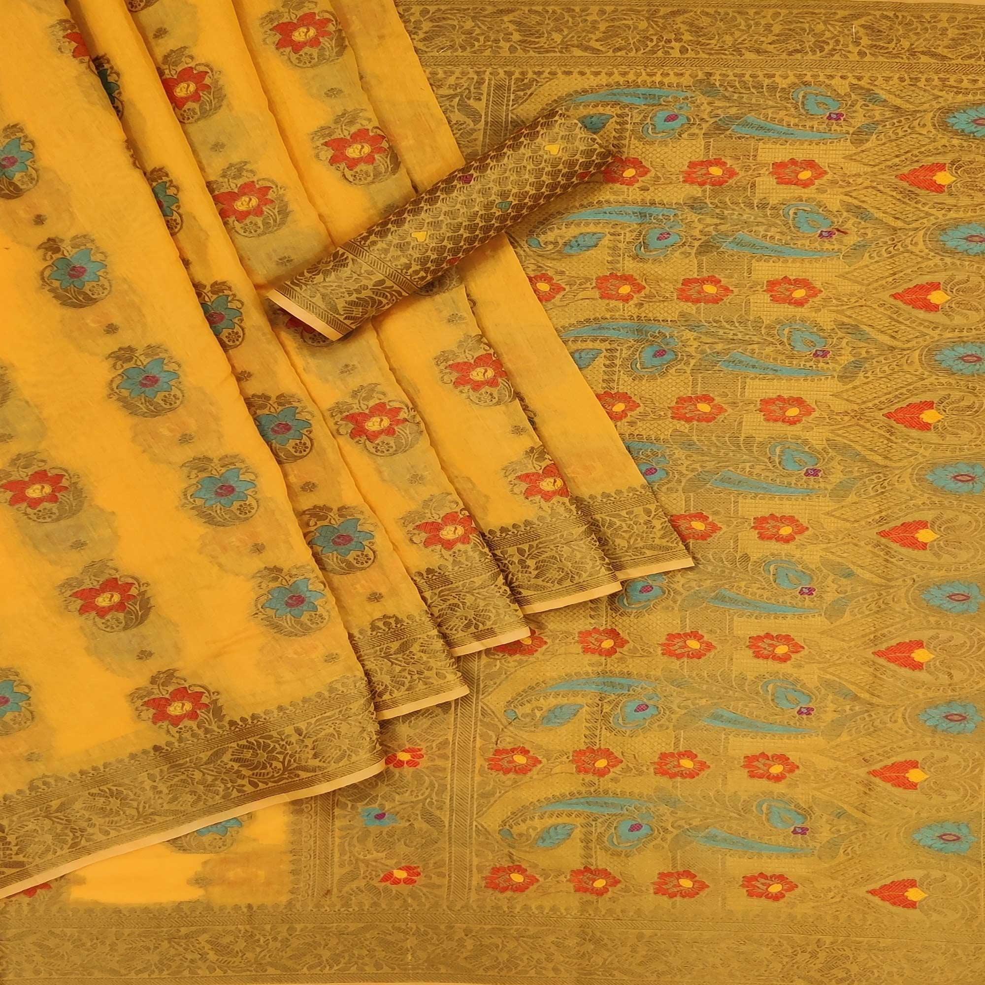 Yellow Festive Wear Printed Cotton Saree - Peachmode