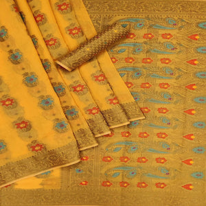 Yellow Festive Wear Printed Cotton Saree - Peachmode