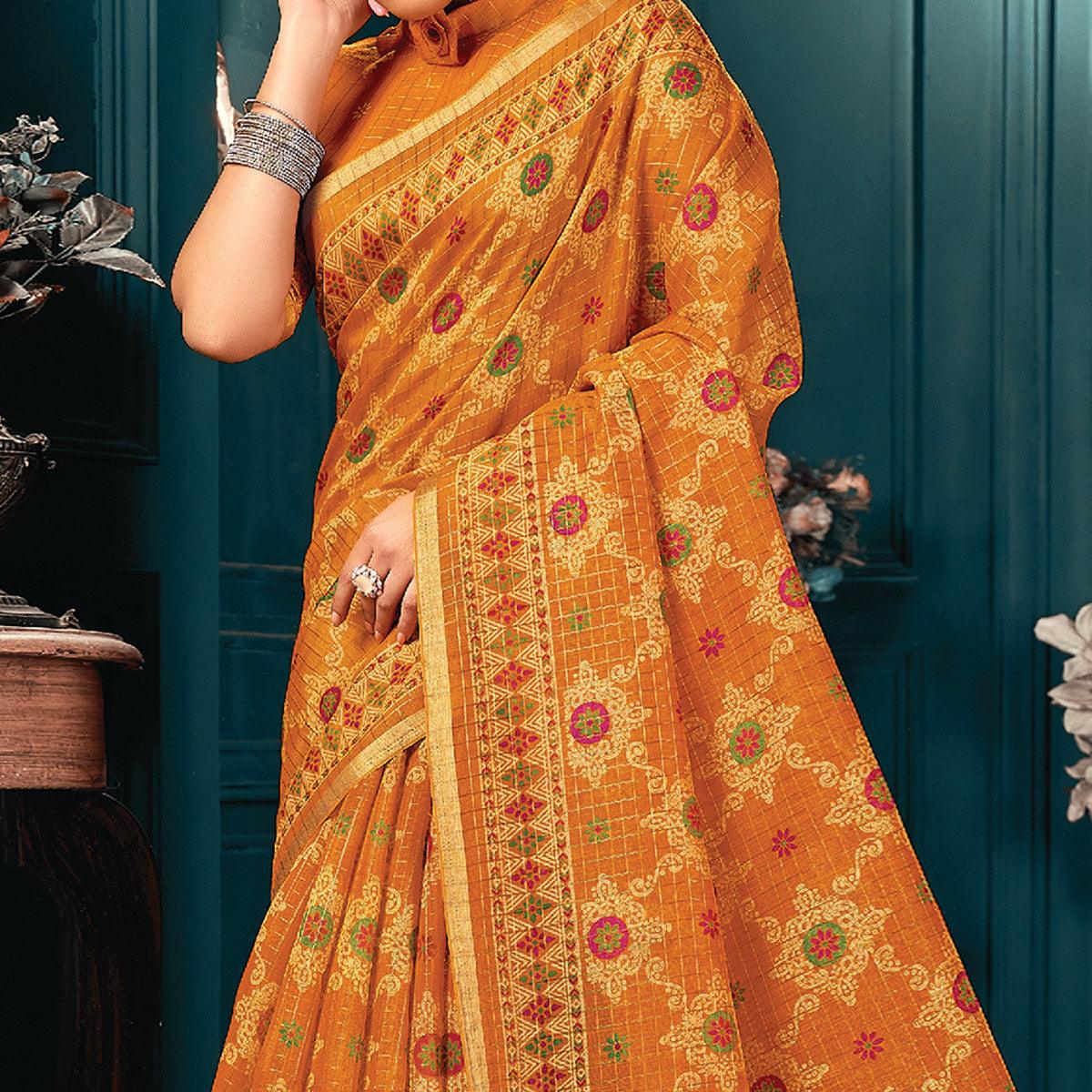 Yellow Festive Wear Printed Cotton Saree - Peachmode
