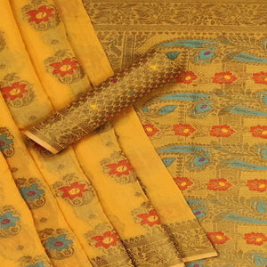 Yellow Festive Wear Printed Cotton Saree - Peachmode