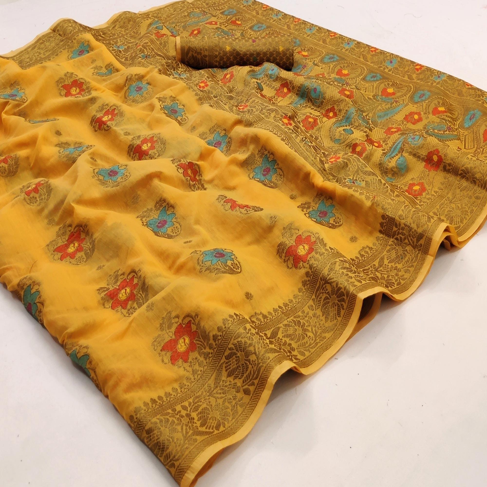 Yellow Festive Wear Printed Cotton Saree - Peachmode