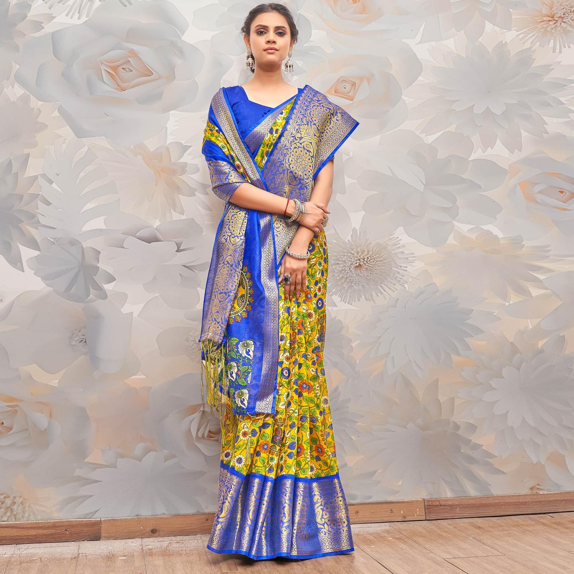 Yellow Festive Wear Printed Cotton Silk Saree - Peachmode