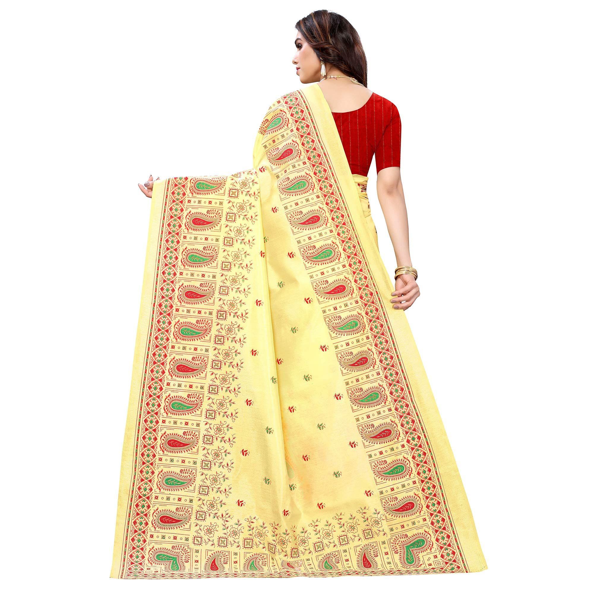 Yellow Festive Wear Printed Cotton Silk Saree - Peachmode