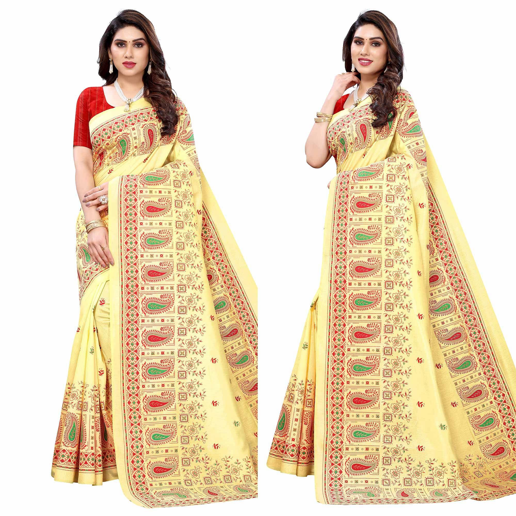 Yellow Festive Wear Printed Cotton Silk Saree - Peachmode