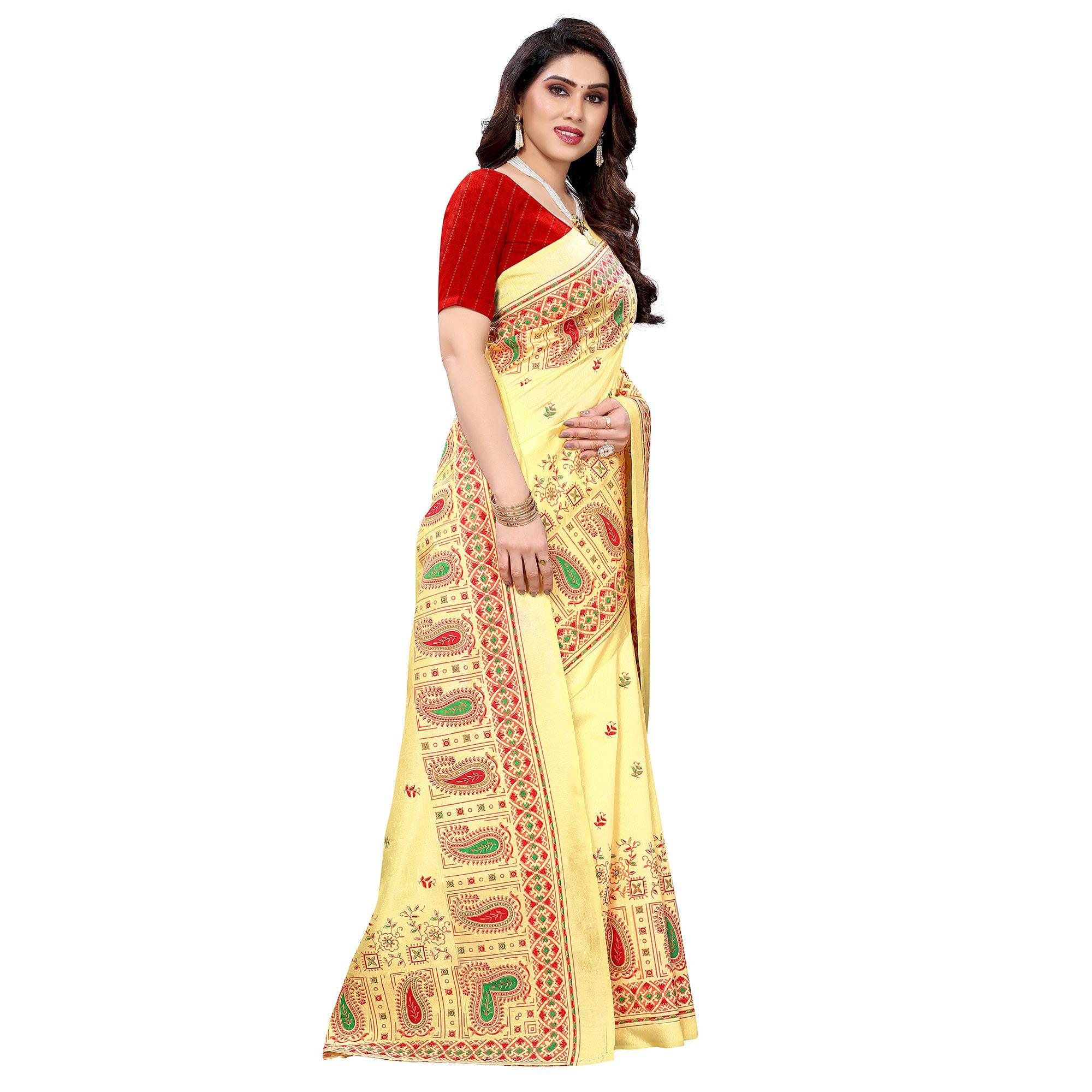 Yellow Festive Wear Printed Cotton Silk Saree - Peachmode