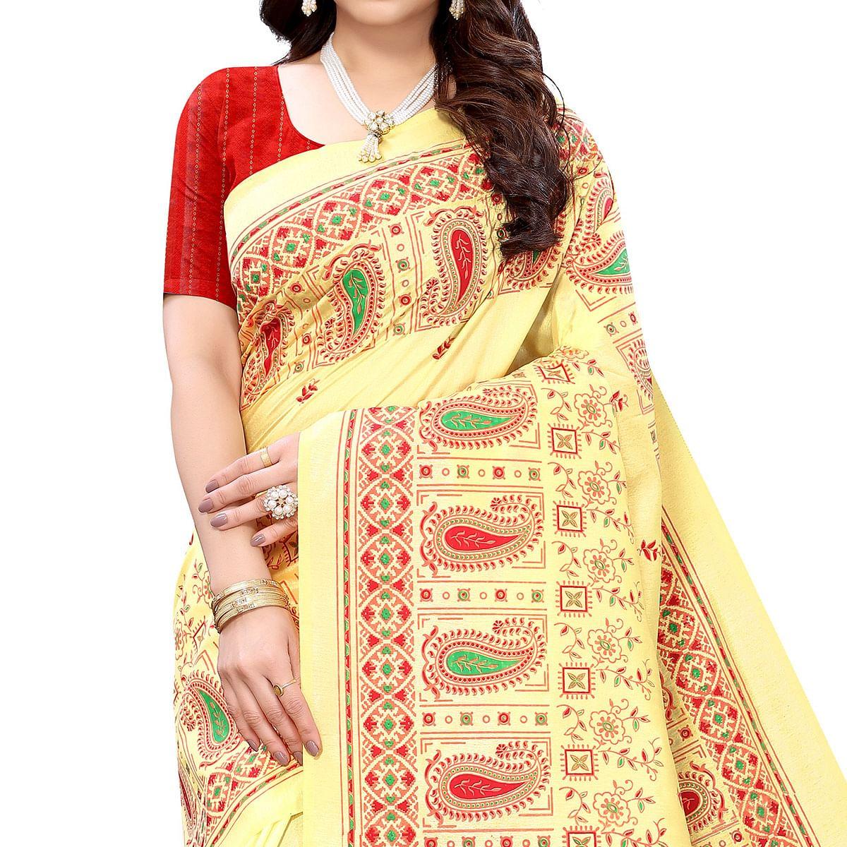 Yellow Festive Wear Printed Cotton Silk Saree - Peachmode