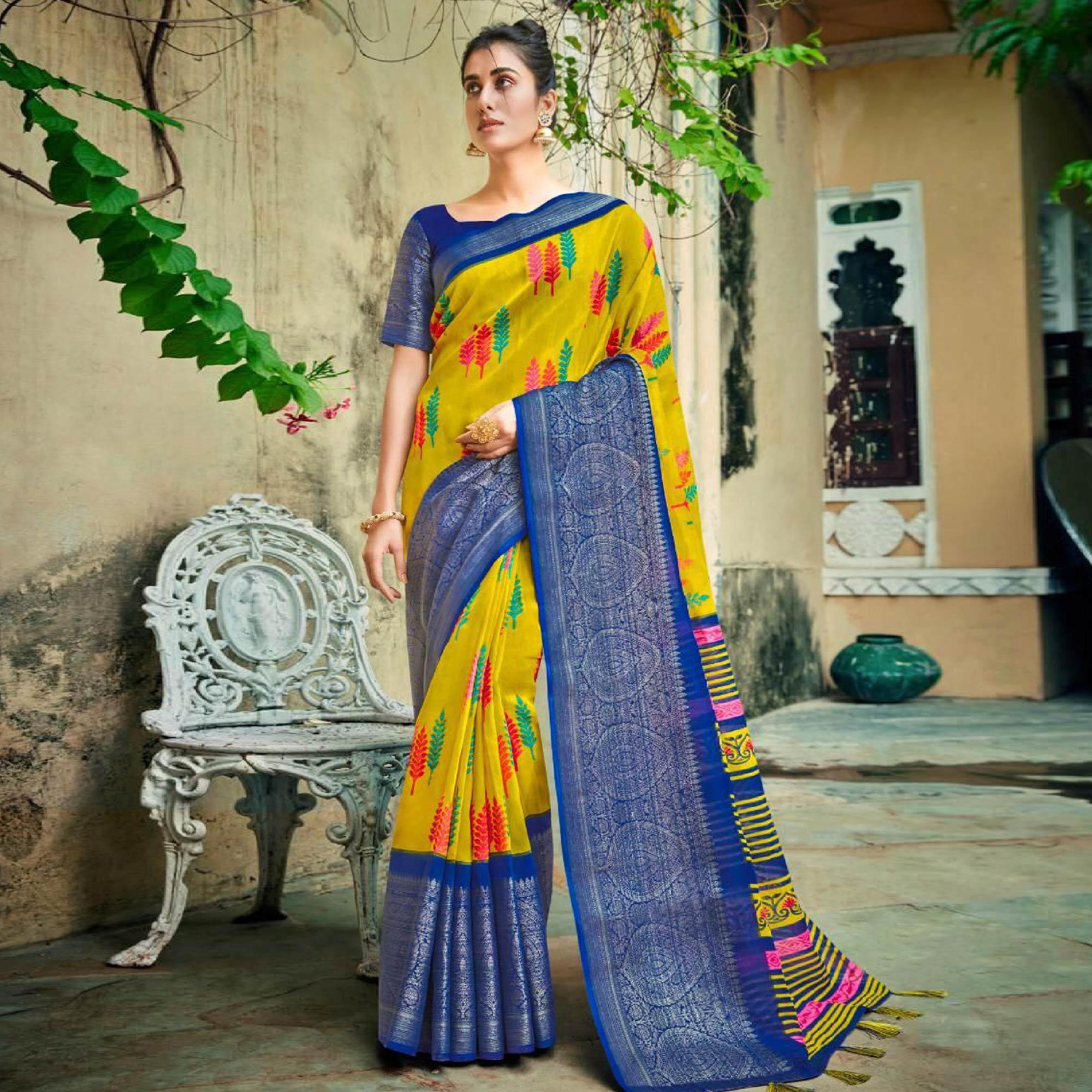 Yellow Festive Wear Printed Cotton Silk Saree With Woven Border - Peachmode
