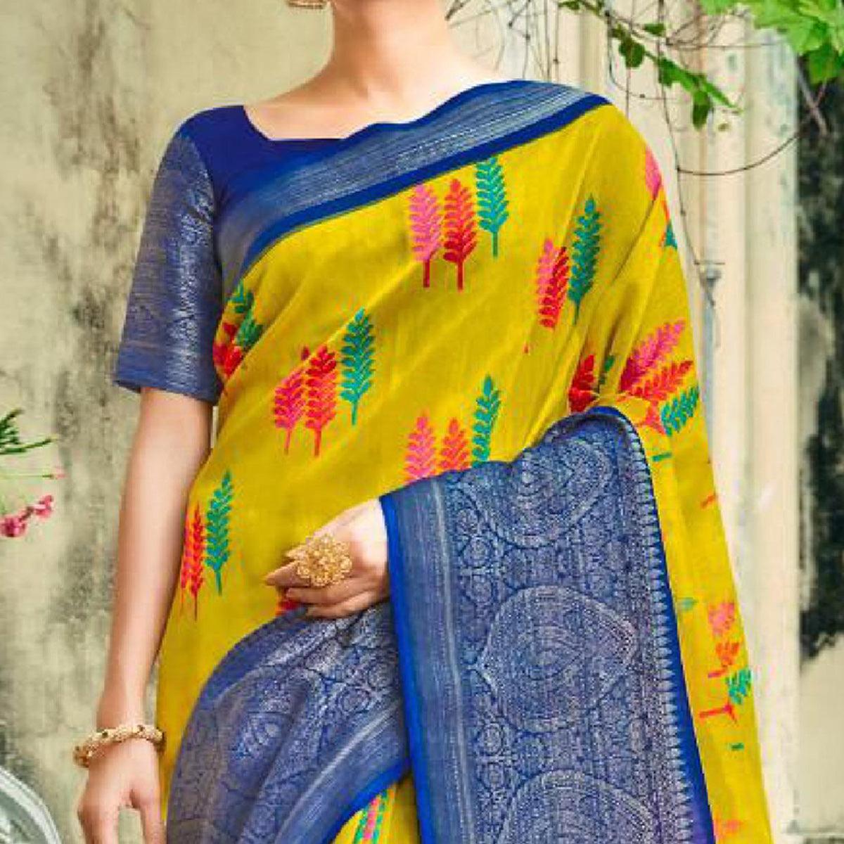 Yellow Festive Wear Printed Cotton Silk Saree With Woven Border - Peachmode