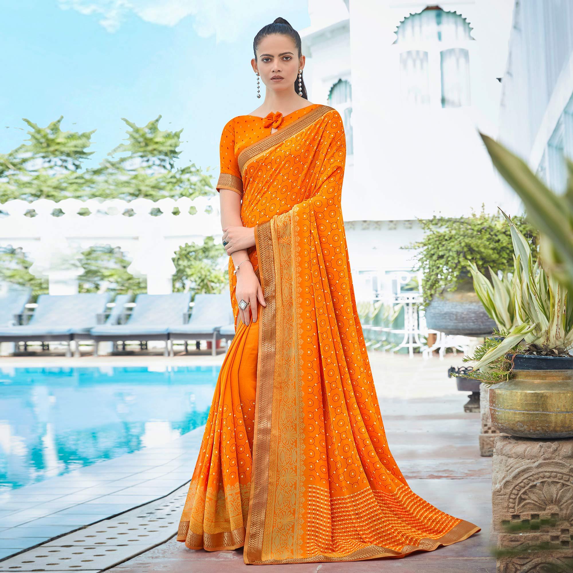Yellow Festive Wear Printed Georgette Saree With Border - Peachmode
