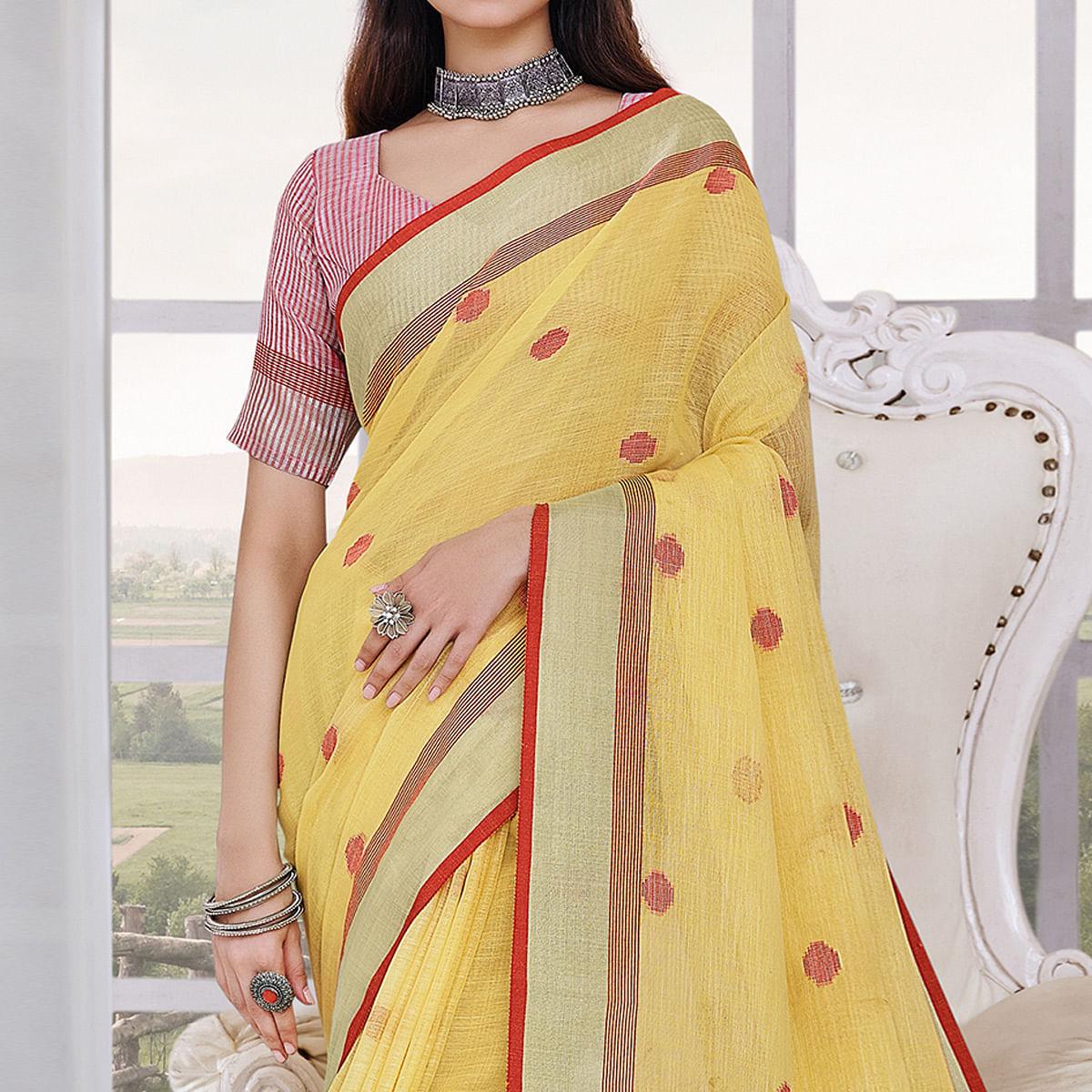 Yellow Festive Wear Printed Linen Saree - Peachmode