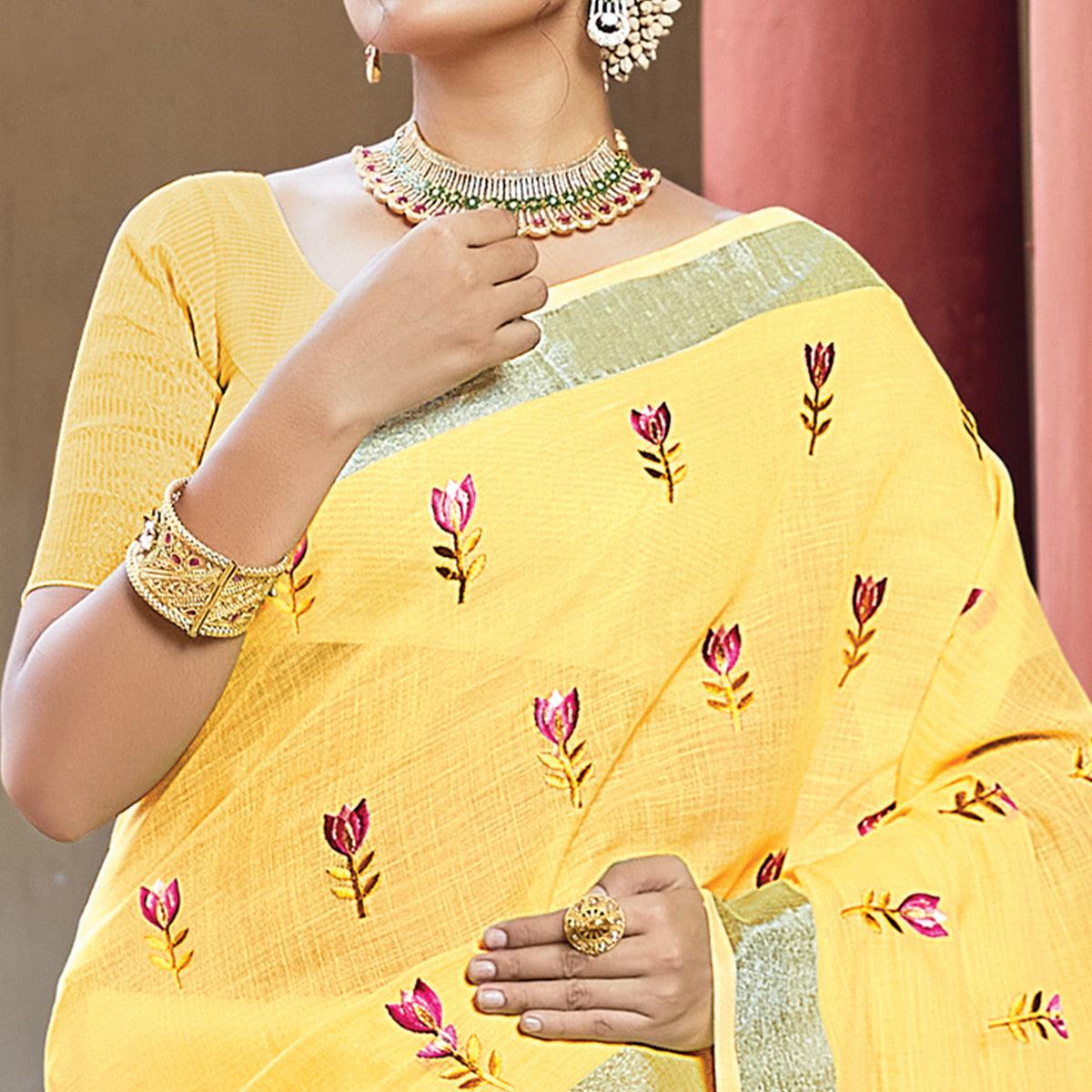 Yellow Festive Wear Printed Linen Saree - Peachmode