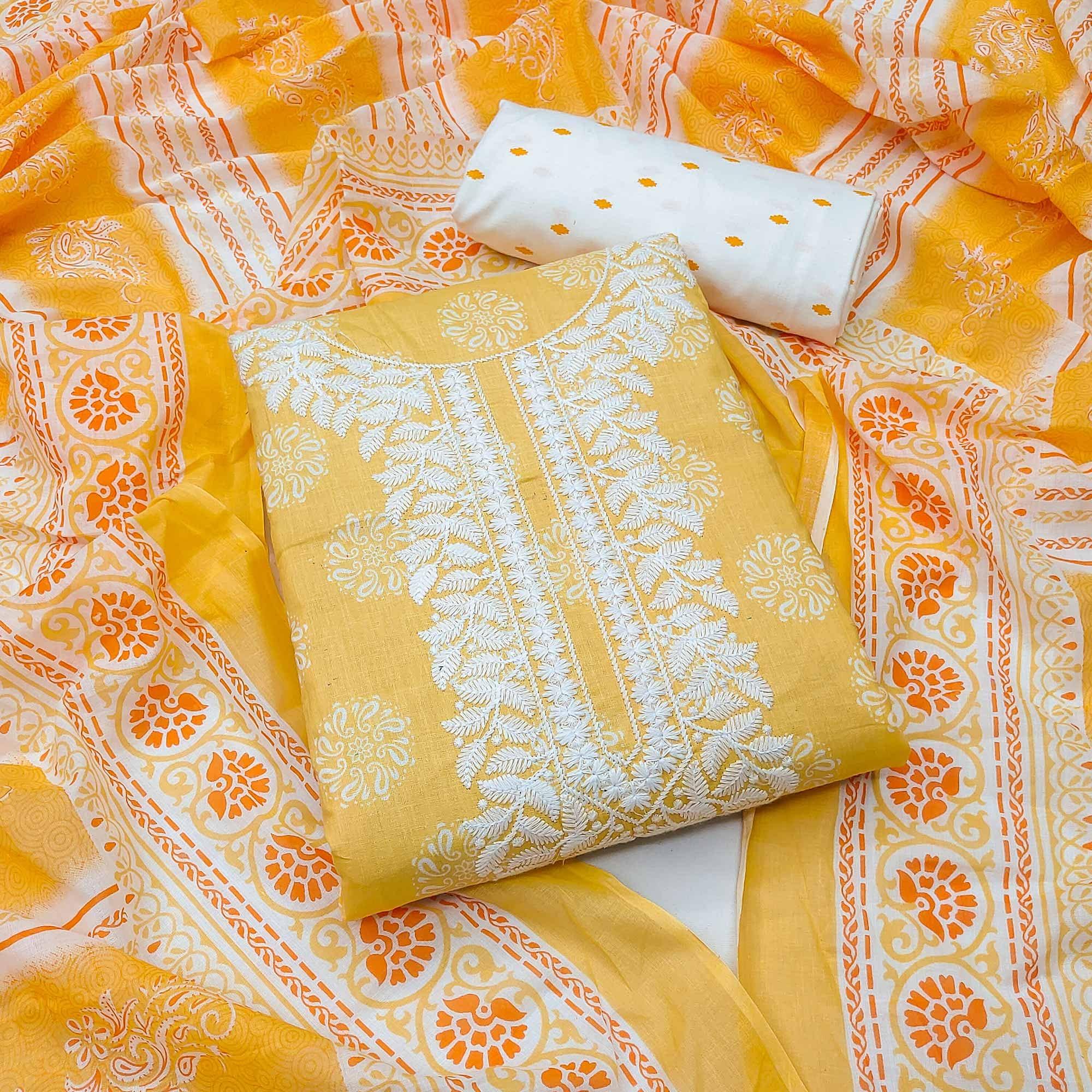 Yellow Festive Wear Printed With Embroidered Cotton Dress Material - Peachmode