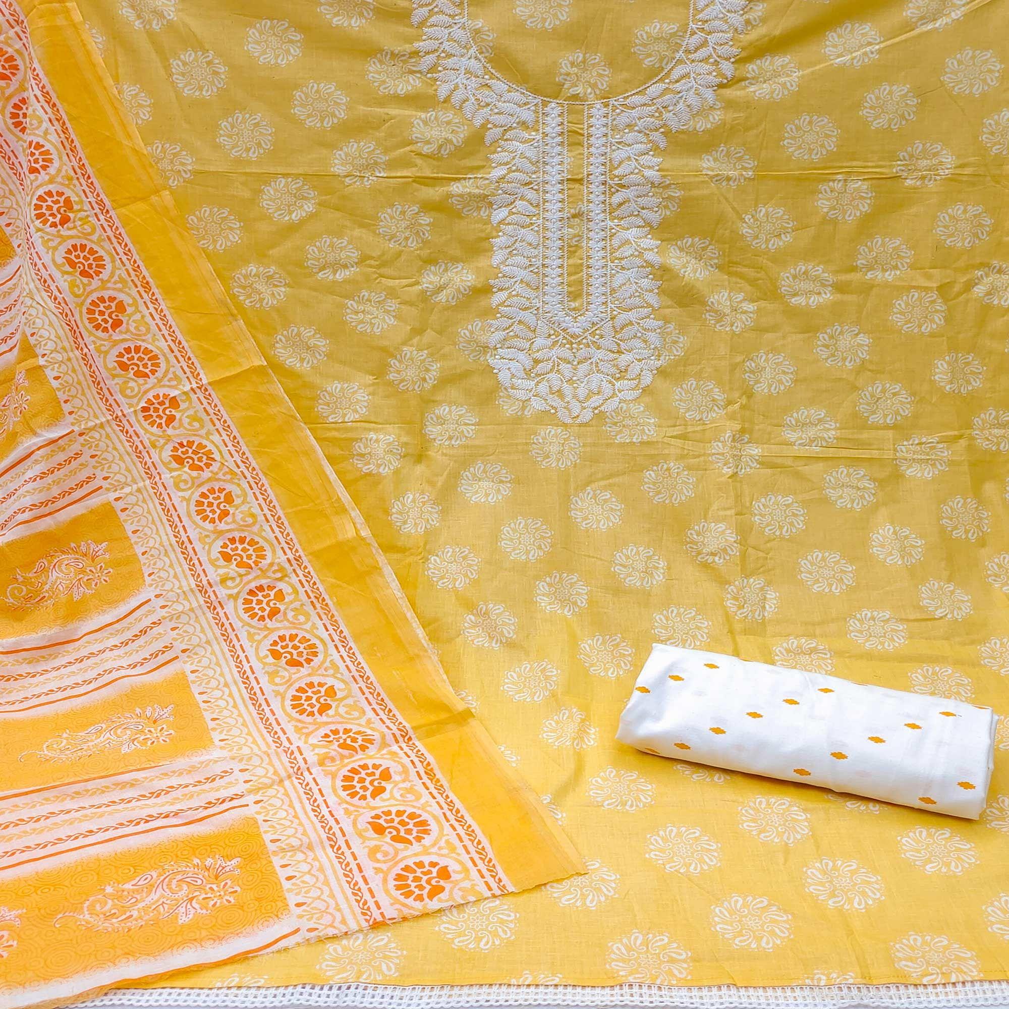 Yellow Festive Wear Printed With Embroidered Cotton Dress Material - Peachmode