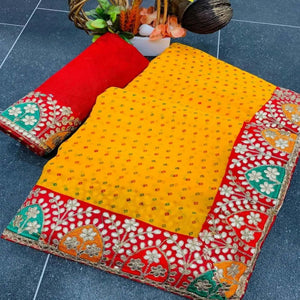 Yellow Festive Wear Printed With Gota Lace Gerogatte Saree - Peachmode