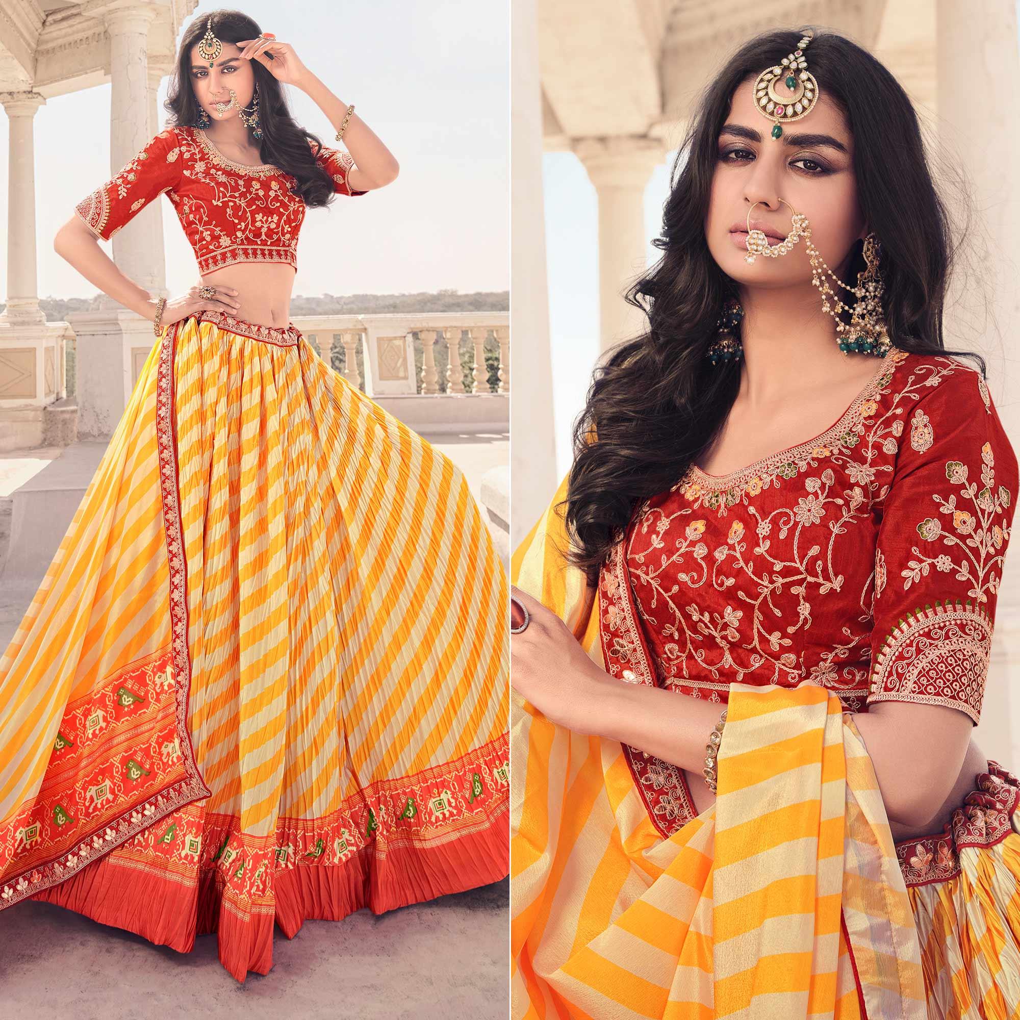 Yellow Festive Wear Satin Digital Striped Lehenga Choli - Peachmode