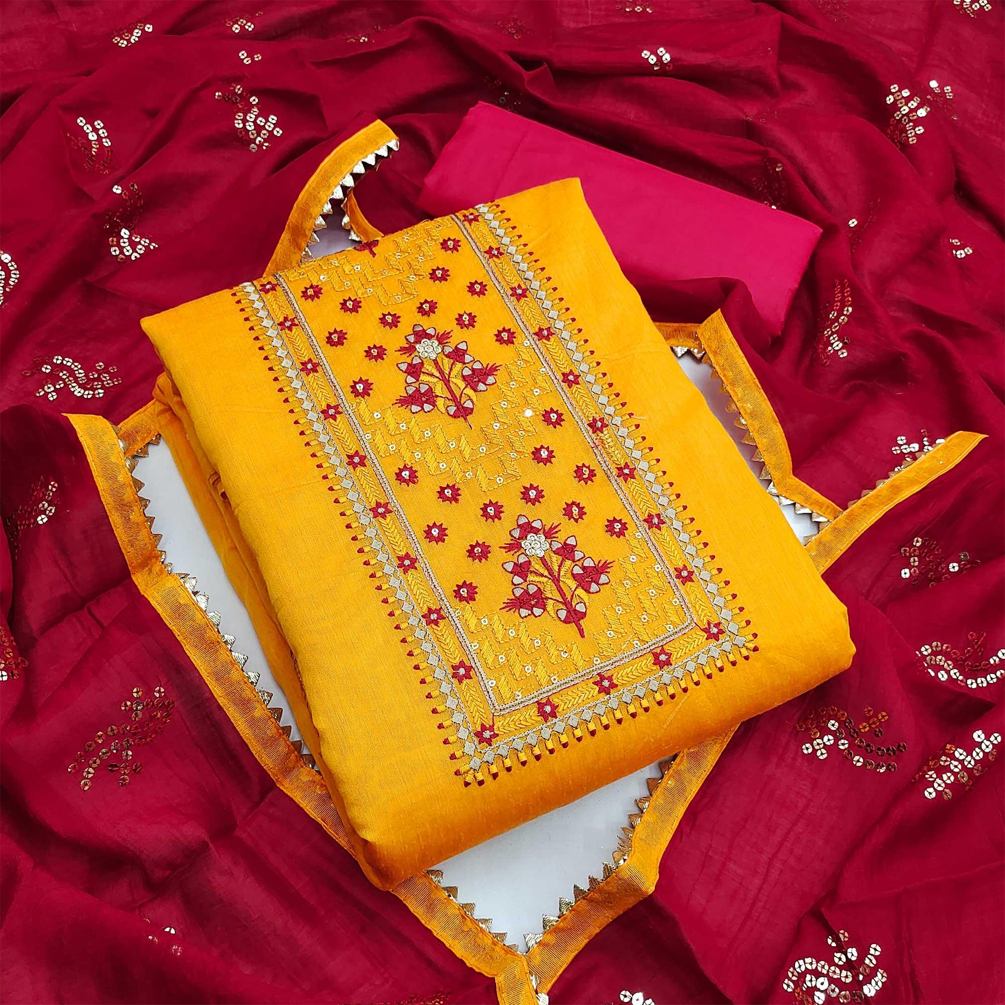 Yellow Festive Wear Sequence Embroidered Chanderi Dress Material - Peachmode