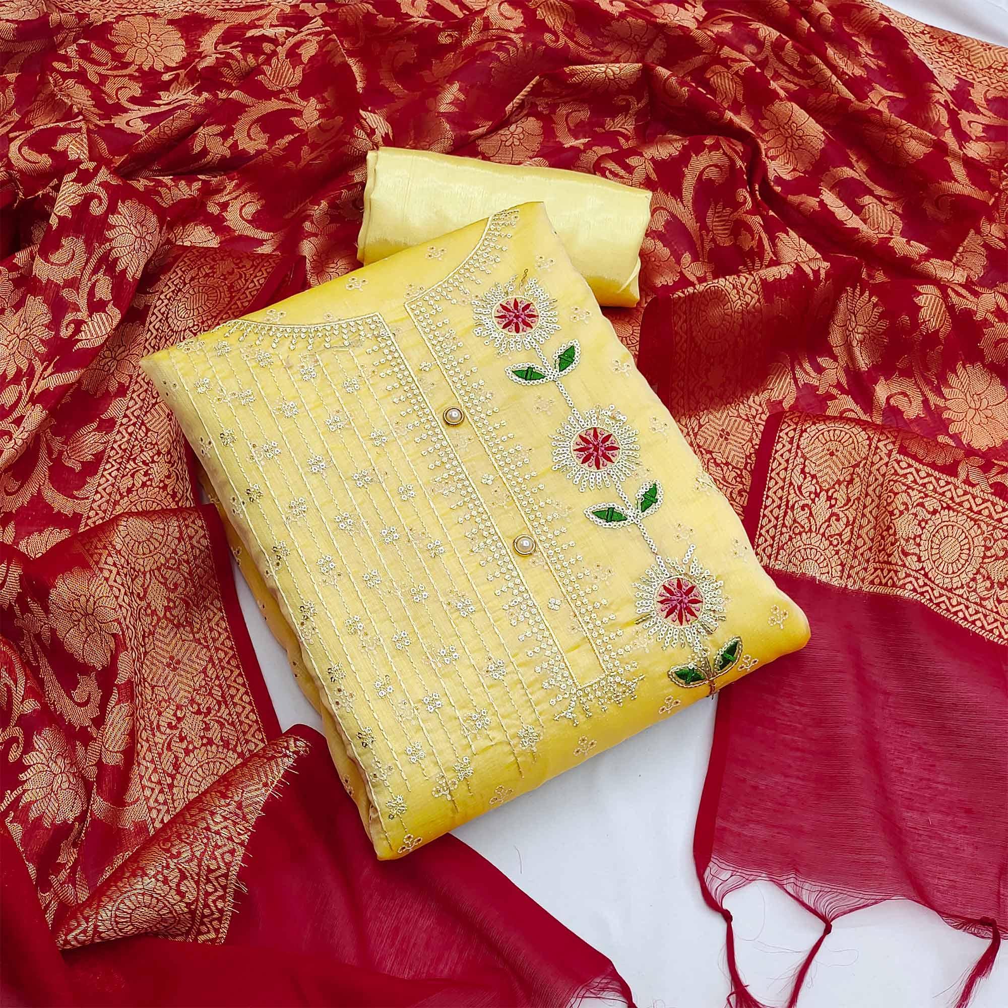 Yellow Festive Wear Sequence Embroidered Chanderi Dress Material - Peachmode