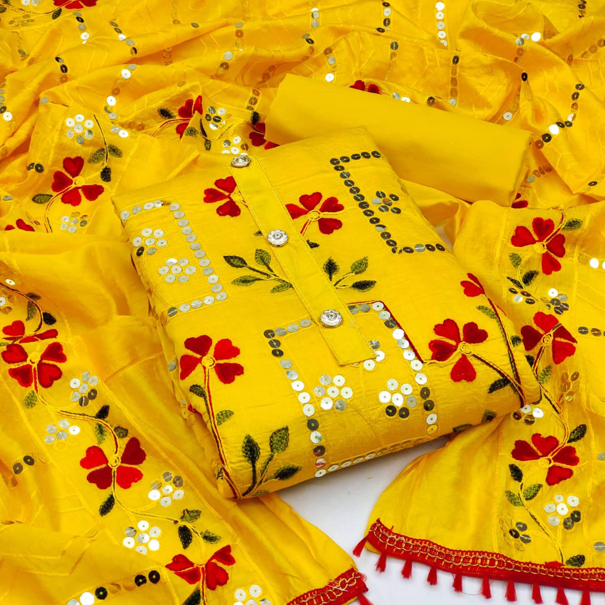 Yellow Festive Wear Sequence Embroidered Chanderi Dress Material - Peachmode