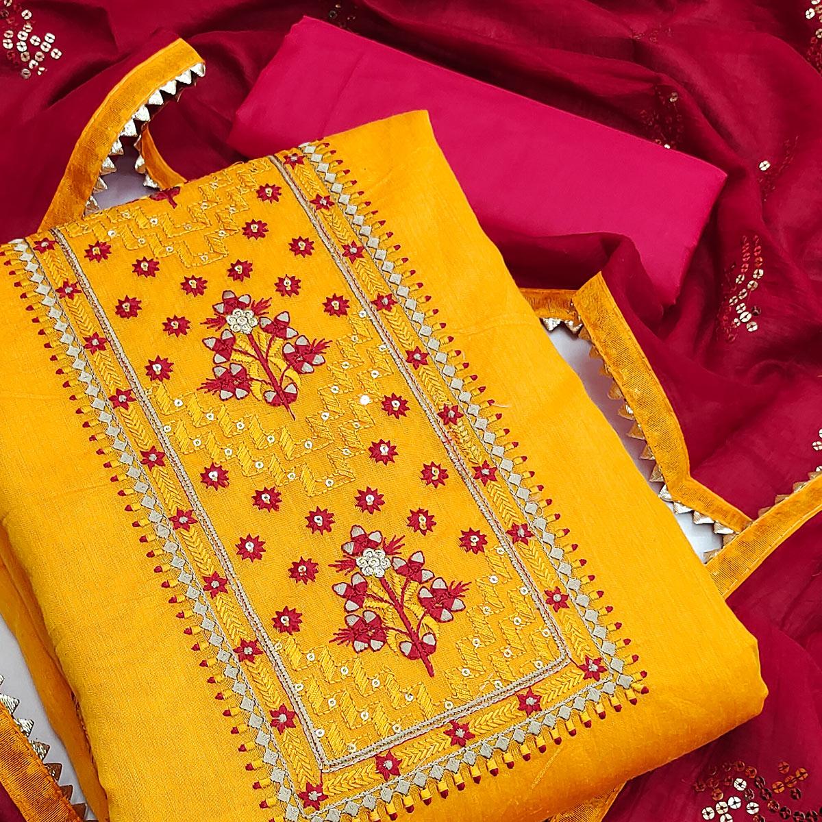 Yellow Festive Wear Sequence Embroidered Chanderi Dress Material - Peachmode