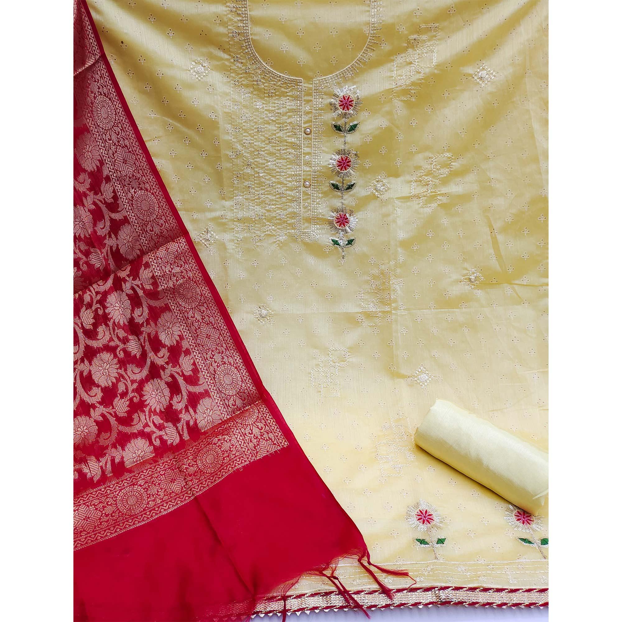 Yellow Festive Wear Sequence Embroidered Chanderi Dress Material - Peachmode