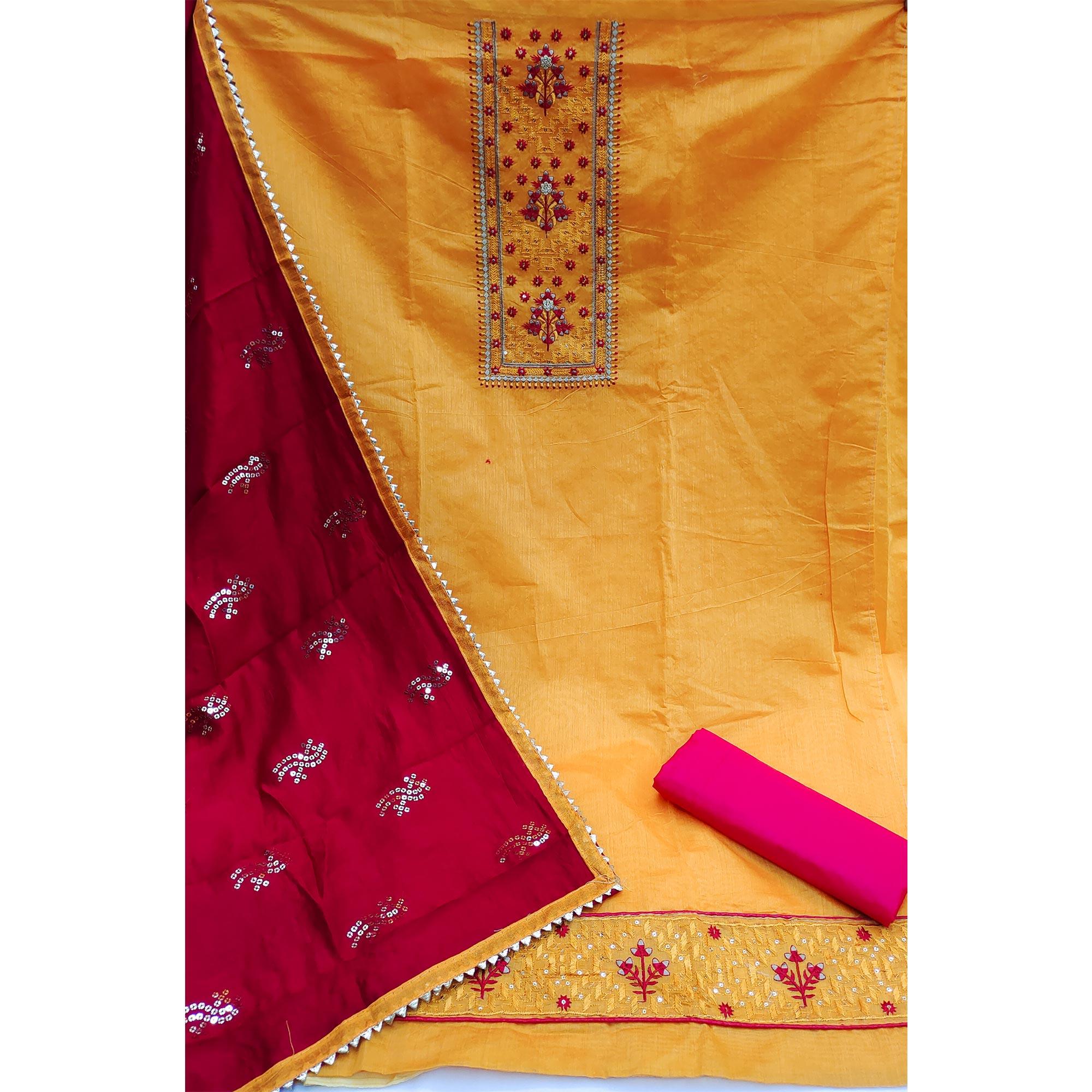 Yellow Festive Wear Sequence Embroidered Chanderi Dress Material - Peachmode