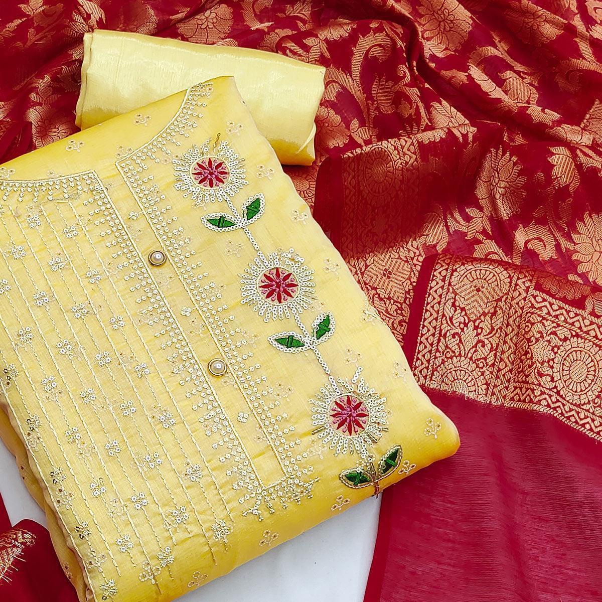 Yellow Festive Wear Sequence Embroidered Chanderi Dress Material - Peachmode