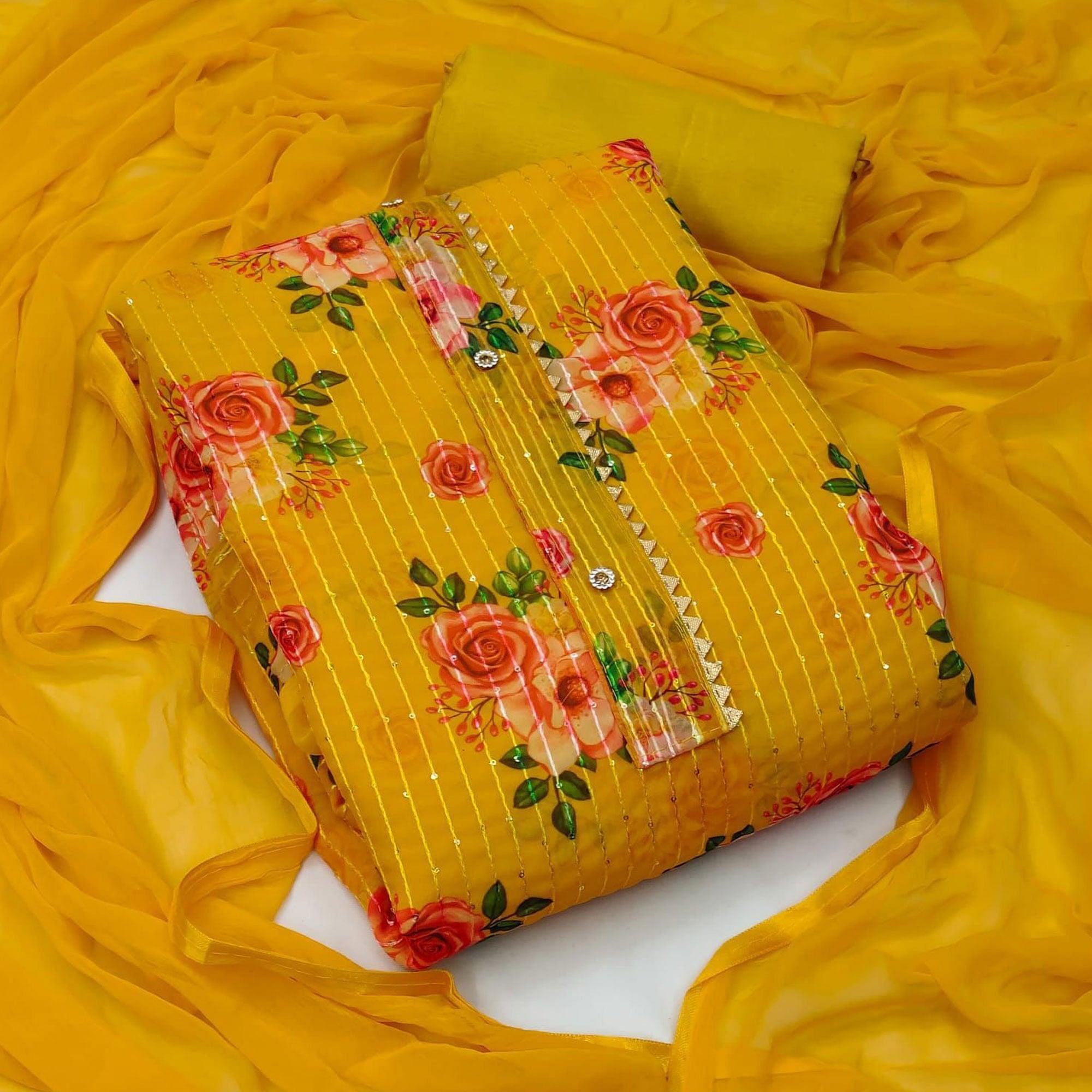 Yellow Festive Wear Sequence Embroidered Georgette Dress Material - Peachmode