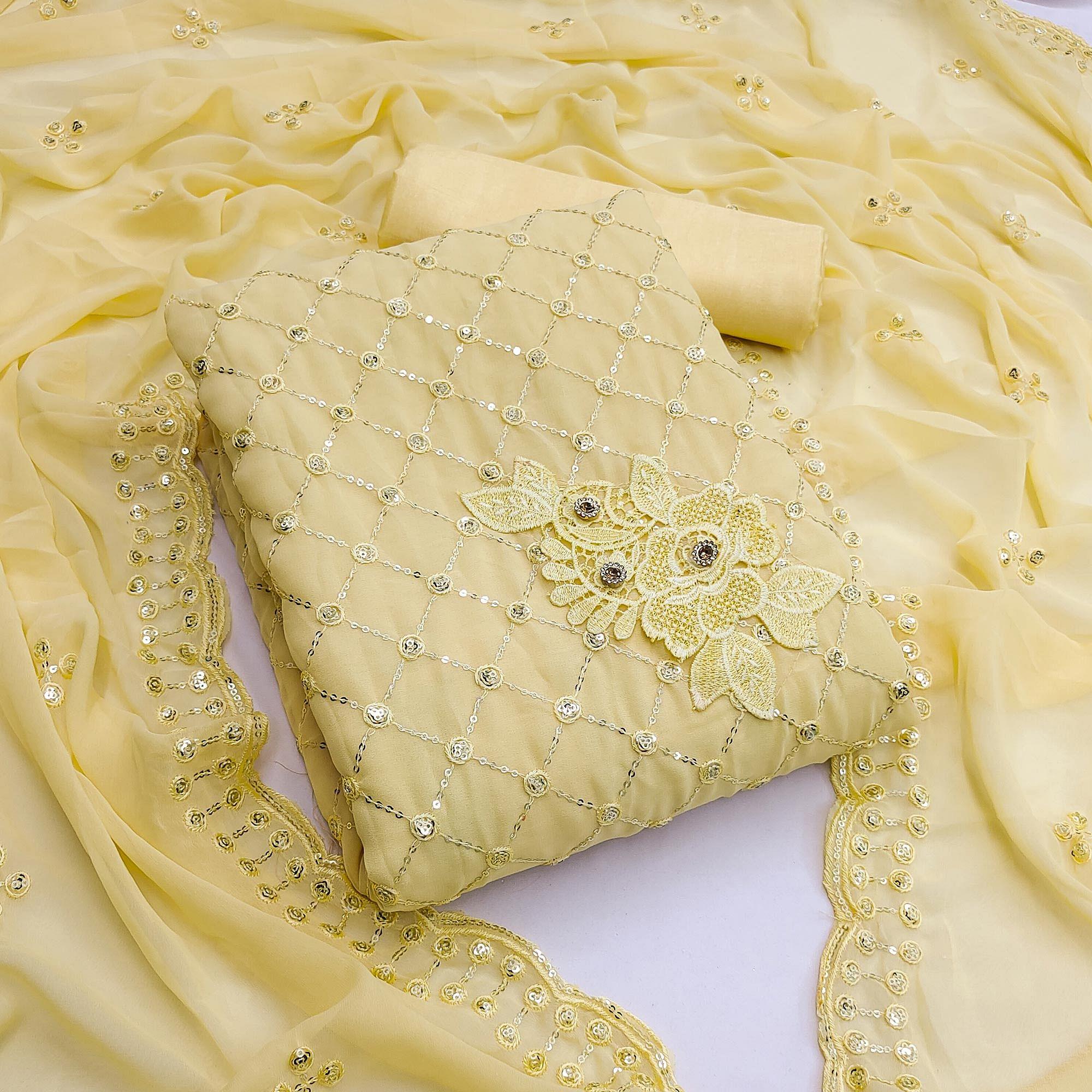Yellow Festive Wear Sequence Embroidered Georgette Dress Material - Peachmode