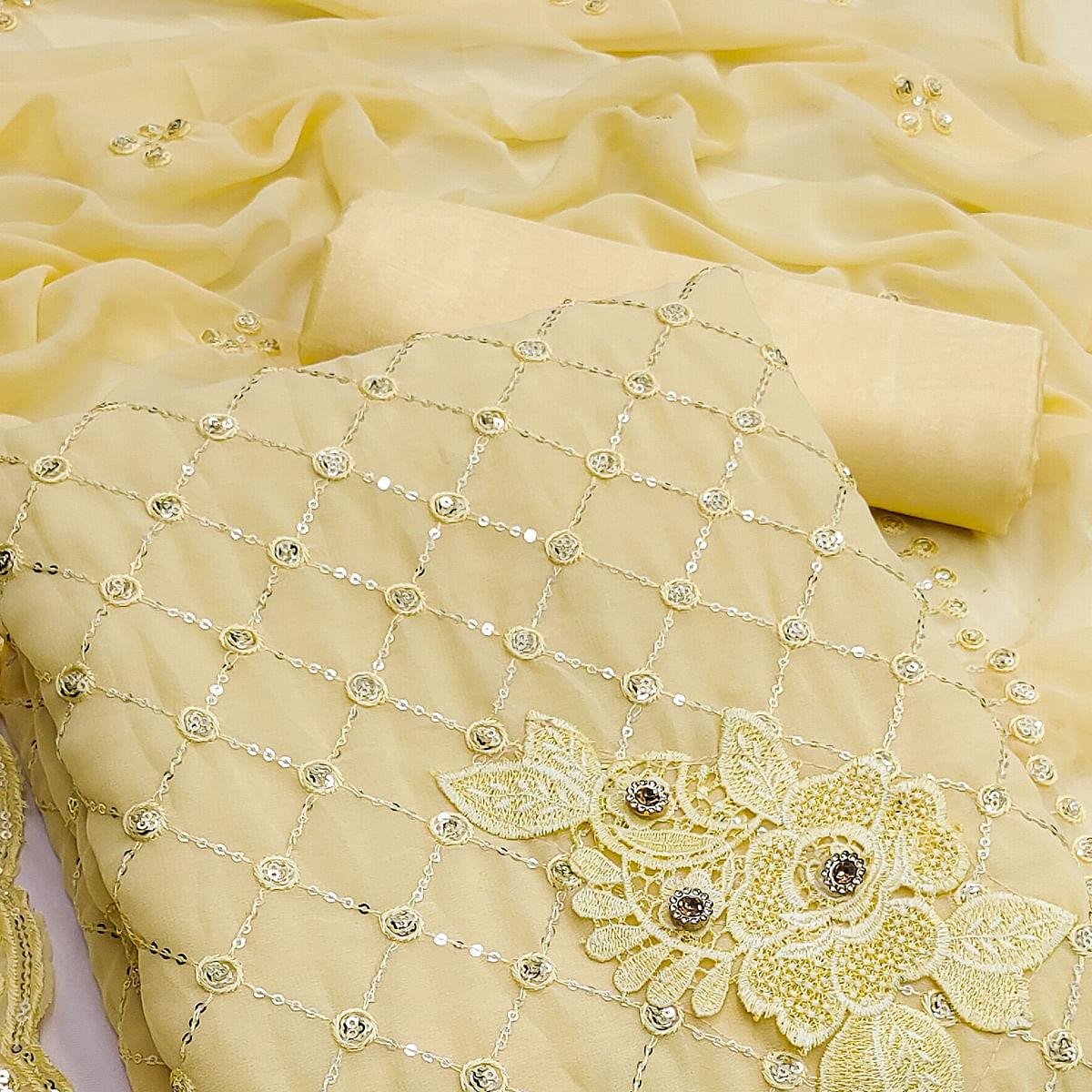 Yellow Festive Wear Sequence Embroidered Georgette Dress Material - Peachmode