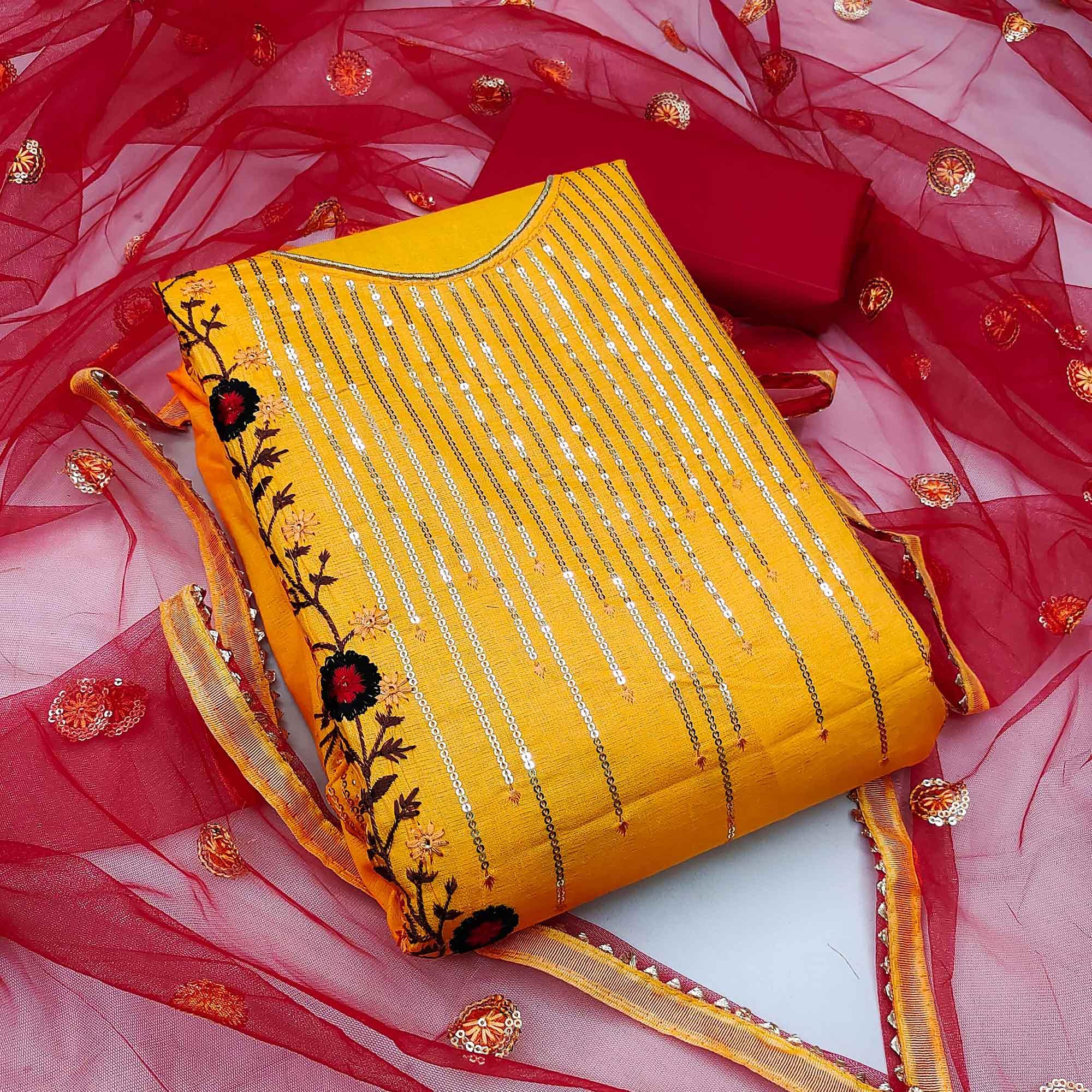 Yellow Festive Wear Sequence With Floral Embroidered Cotton Dress Material - Peachmode