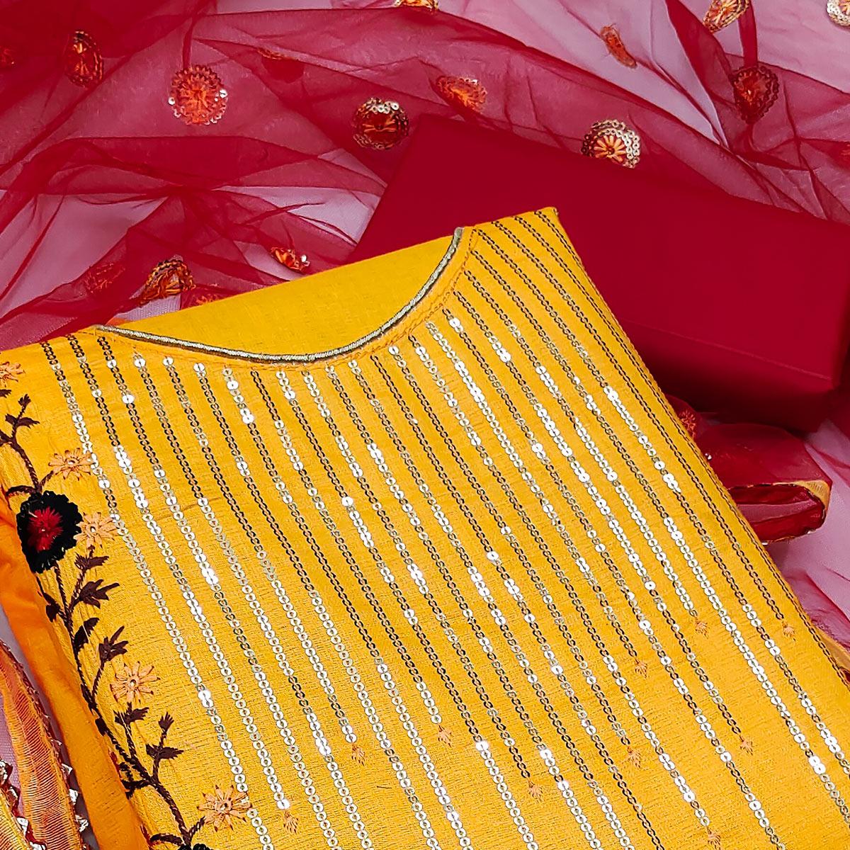 Yellow Festive Wear Sequence With Floral Embroidered Cotton Dress Material - Peachmode