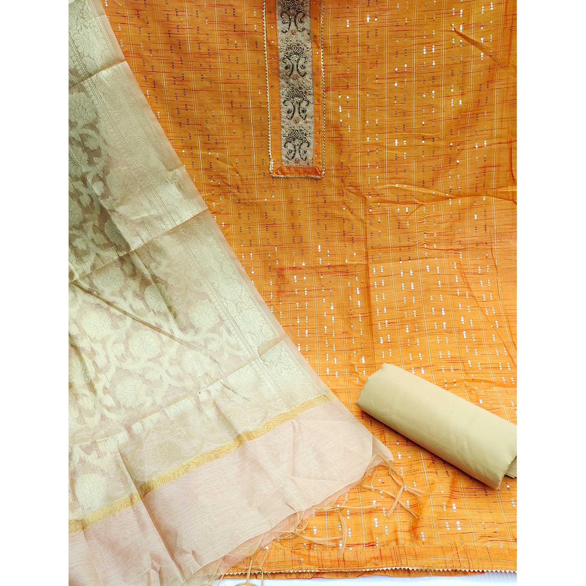 Yellow Festive Wear Sequence Work Chanderi Dress Material - Peachmode