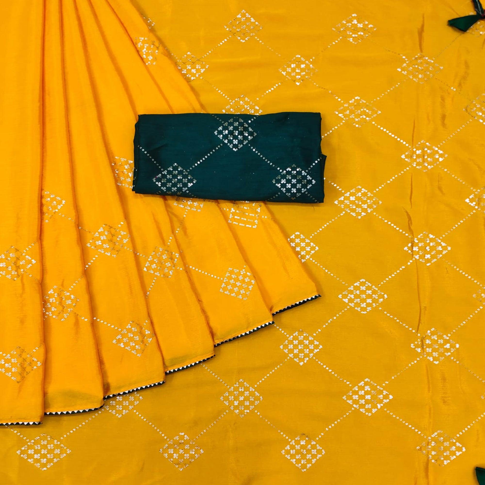 Yellow Festive Wear Sequence Work Chiffon Saree - Peachmode